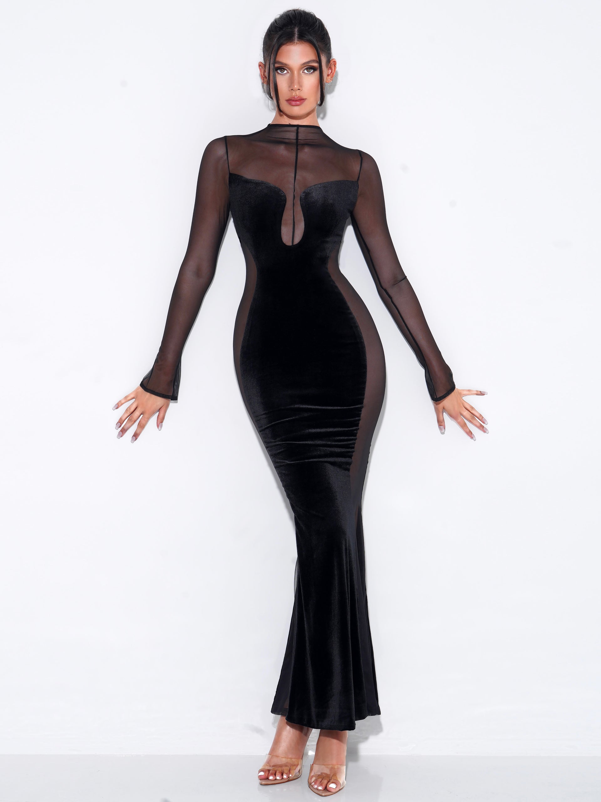 fitted lace wedding dress Paislee Black Velvet Mesh Long Sleeve Gown (Archive Sale)