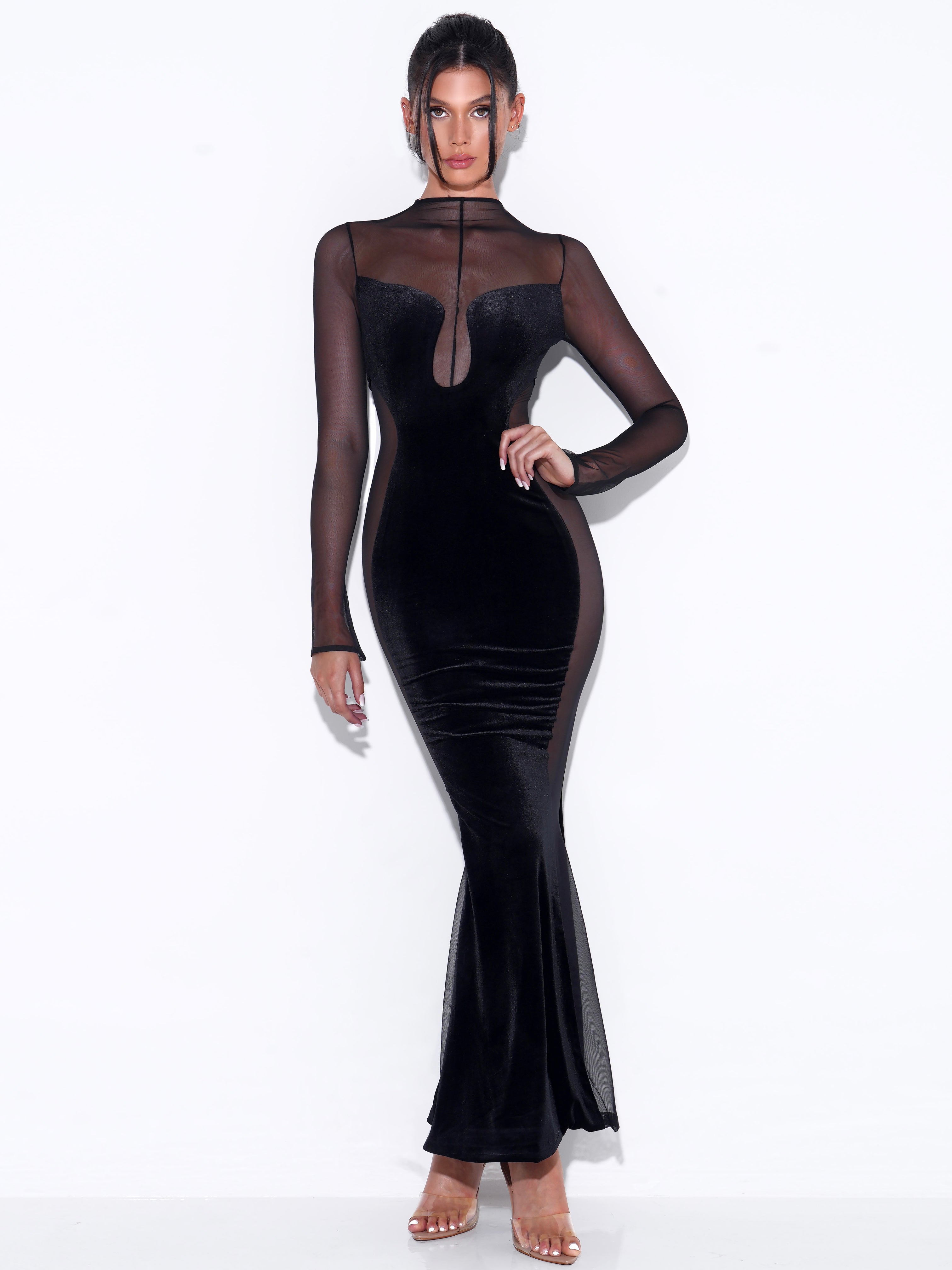 Paislee Black Velvet Mesh Long Sleeve Gown (Archive Sale) Paislee Black Velvet Mesh Long Sleeve Gown (Archive Sale)