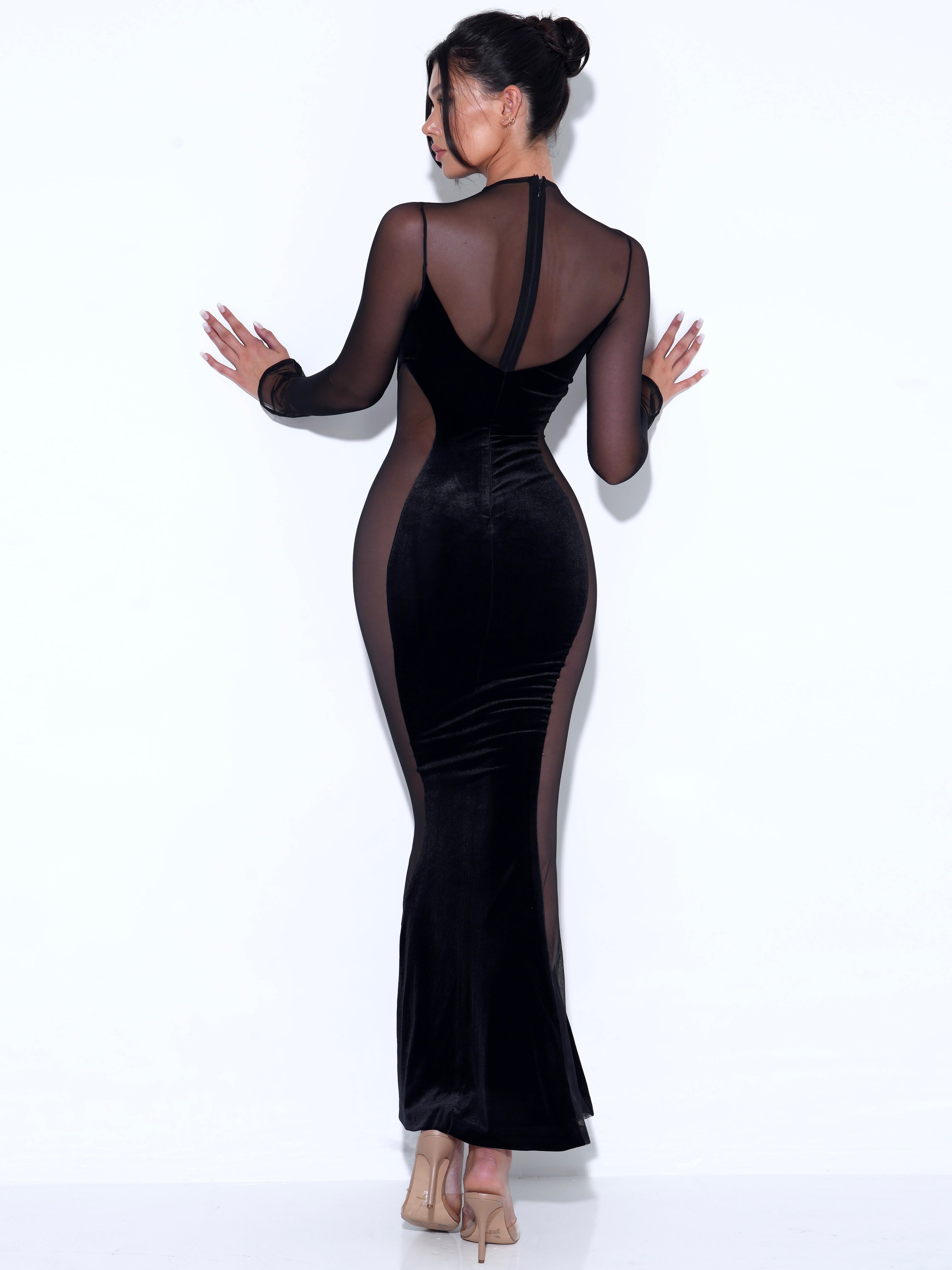 Paislee Black Velvet Mesh Long Sleeve Gown (Archive Sale)