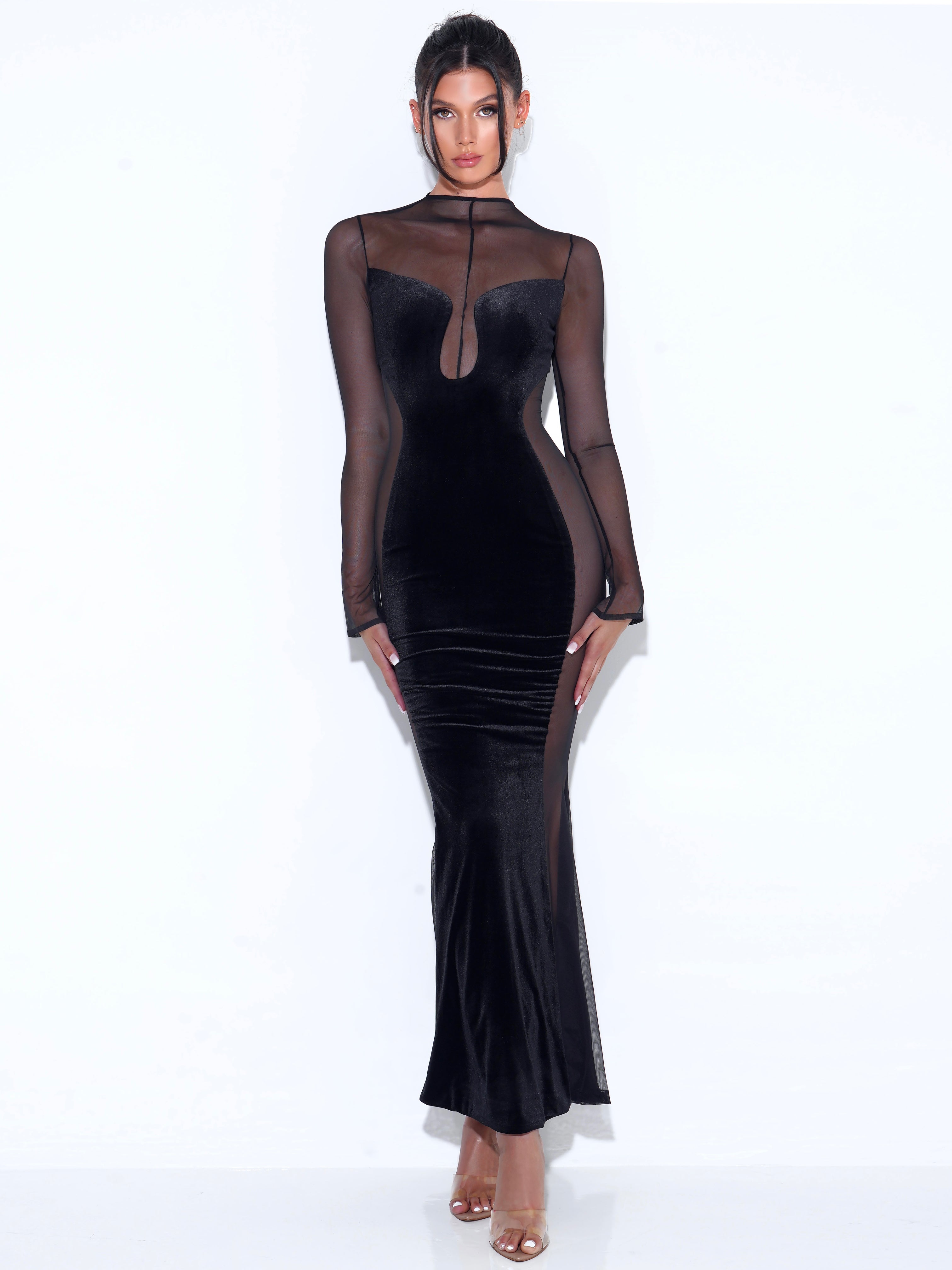 Paislee Black Velvet Mesh Long Sleeve Gown (Archive Sale) - XXS / US 0 Paislee Black Velvet Mesh Long Sleeve Gown (Archive Sale) - XXS / US 0