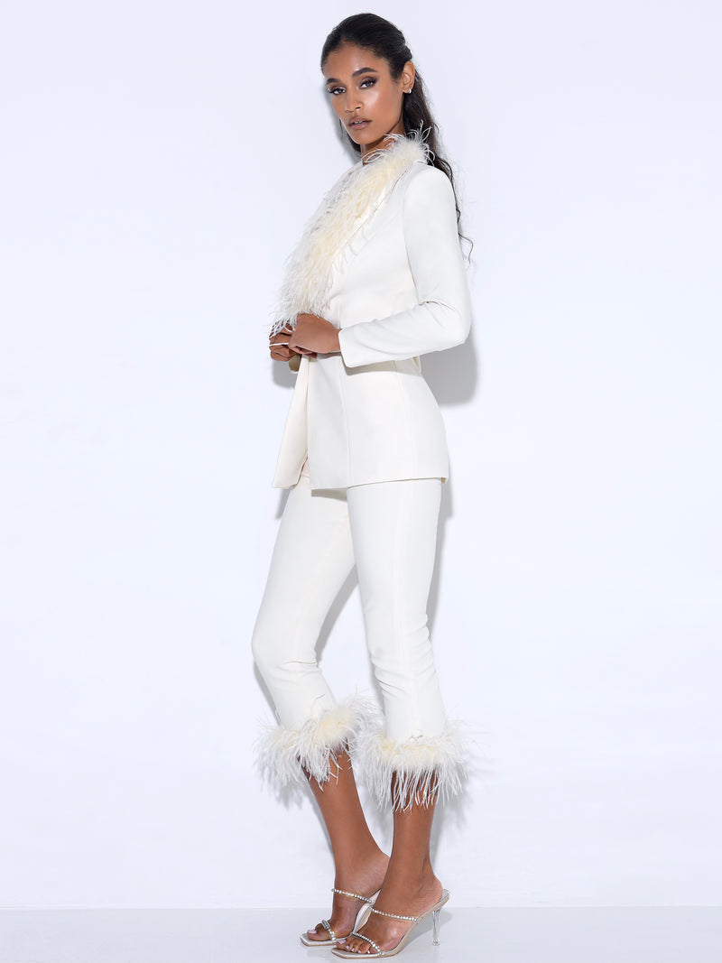 Yulia Cream White Suit Blazer with Feather Trim