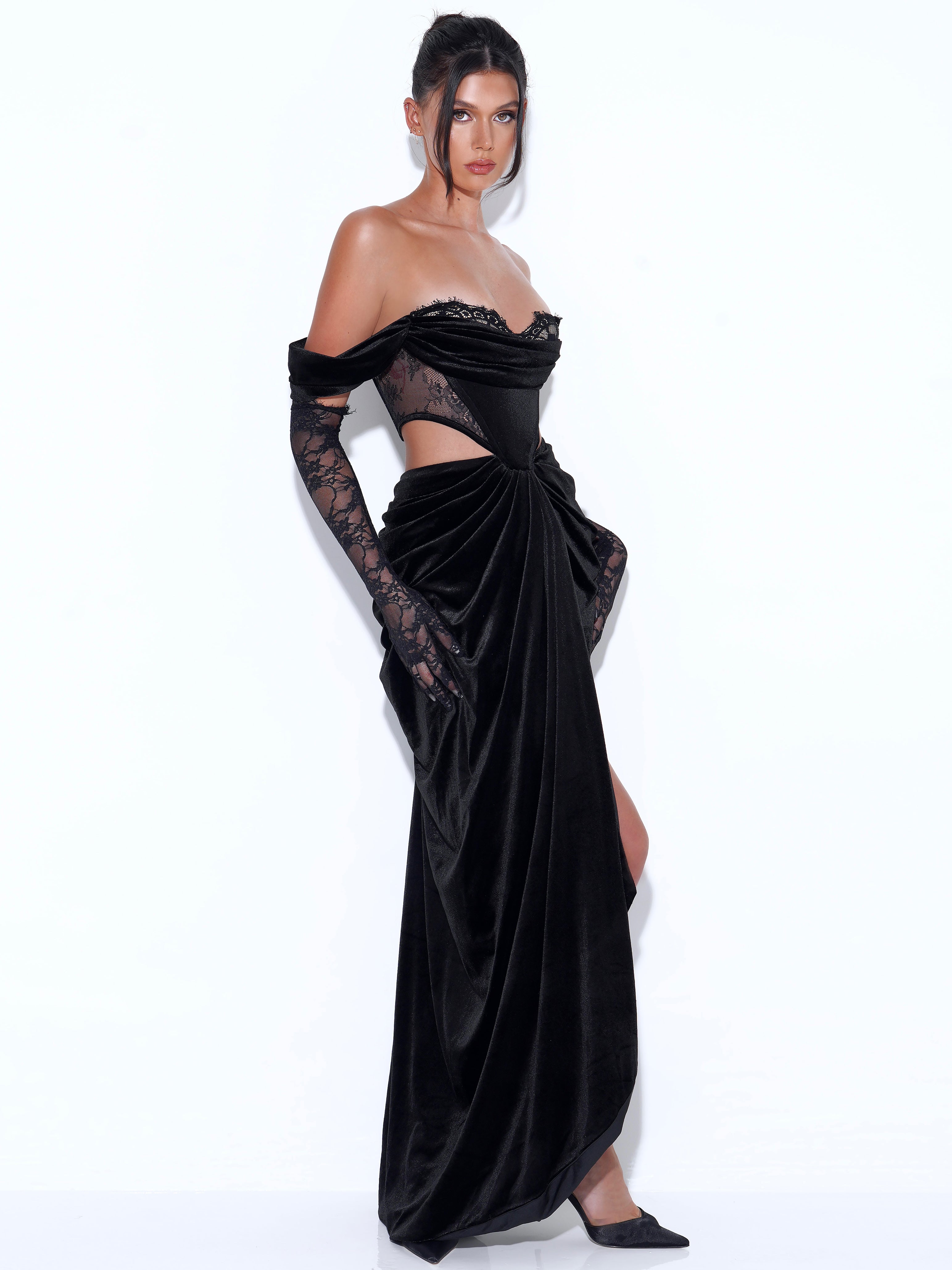 Quintessa Black Lace Velvet Corset Off Shoulder Gown