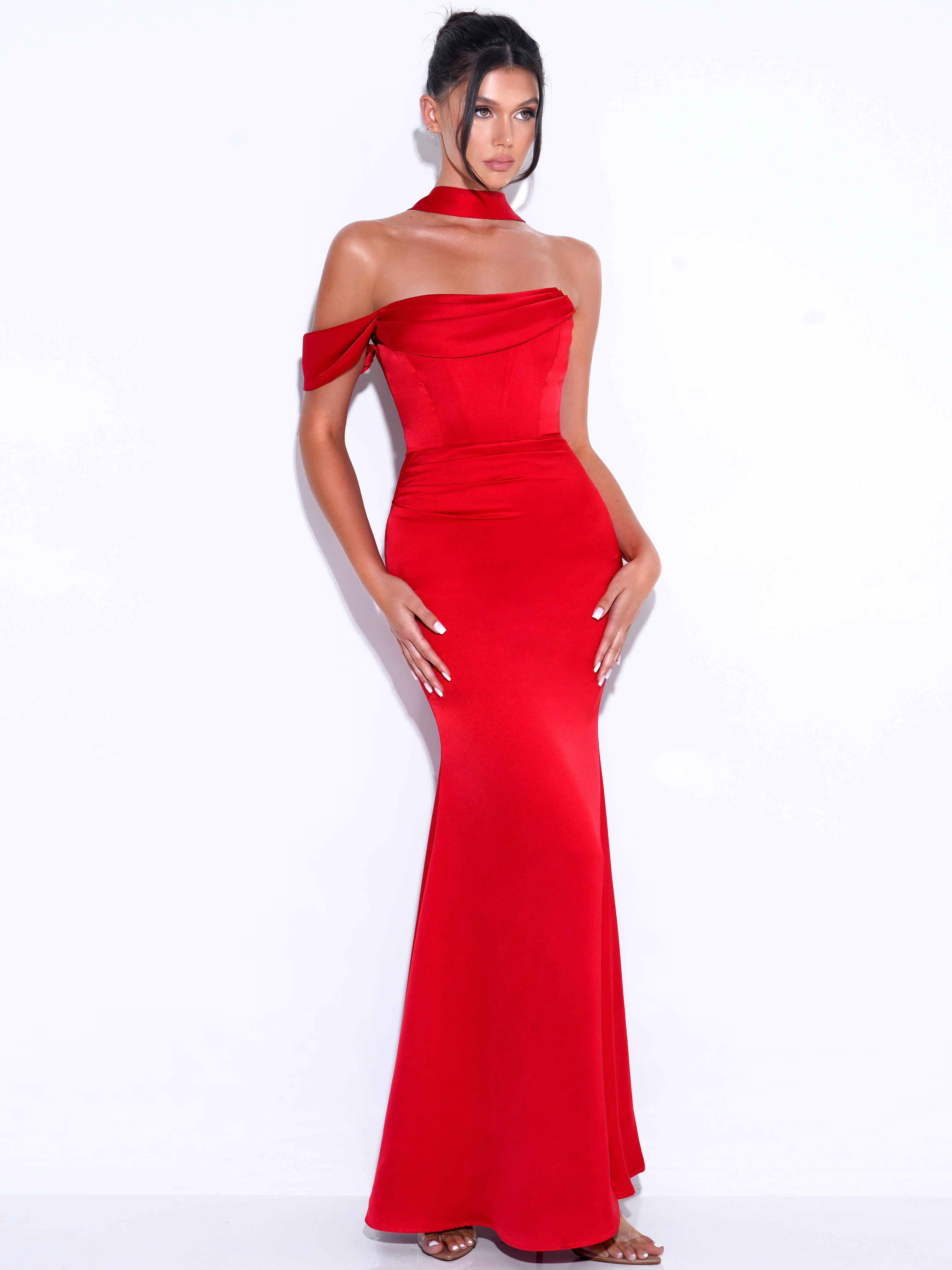 Ivona Red Halter Neck Double Duchess Satin Gown