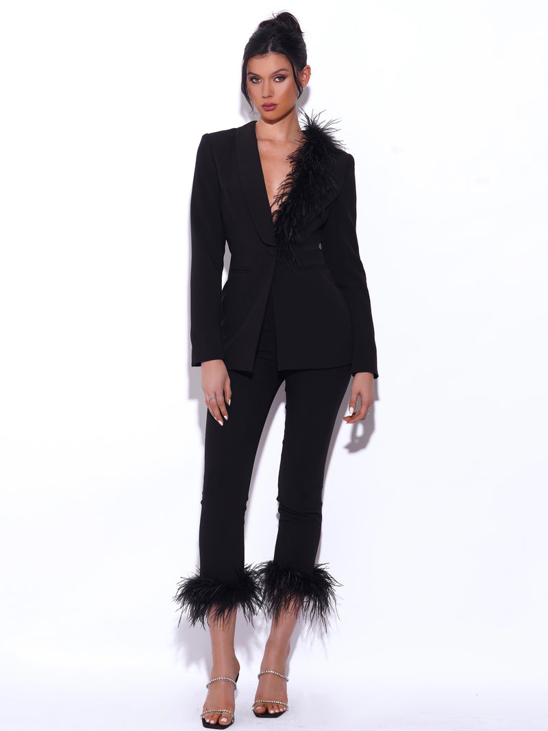 Yanely Black Pants With Feather Trim