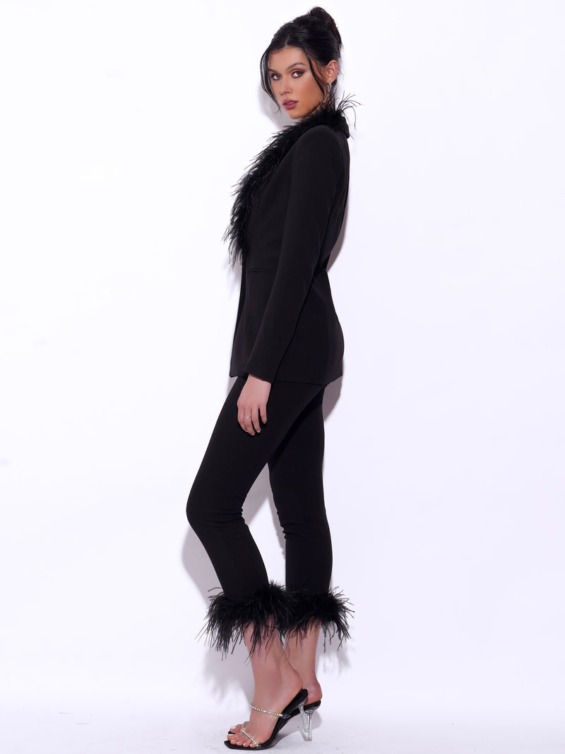 Yulia Black Suit Blazer with Feather Trim