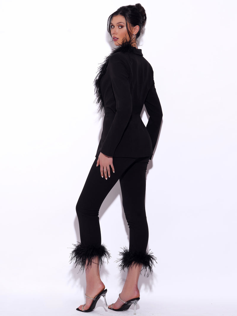 Yulia Black Suit Blazer with Feather Trim