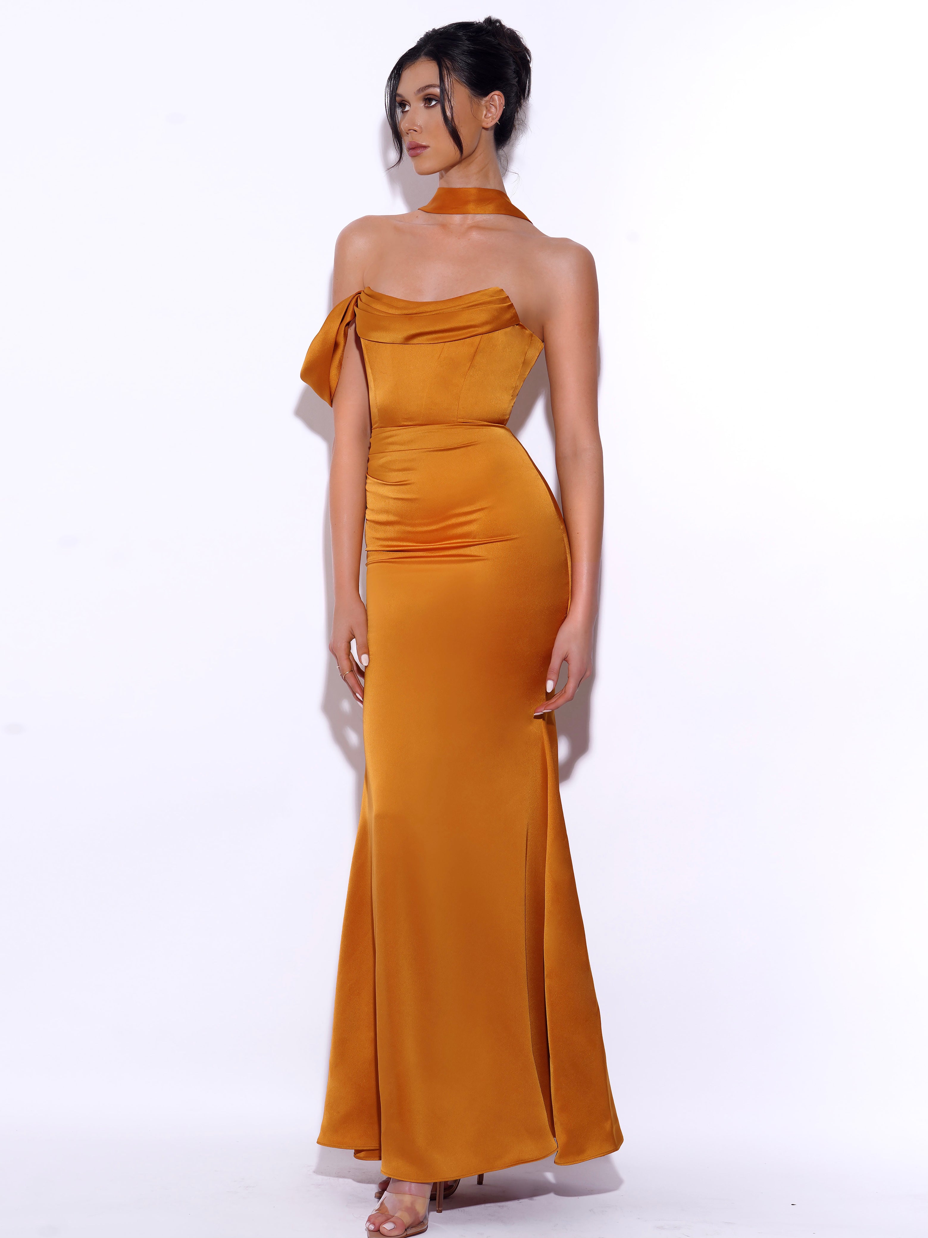 Ivona Gold Halter Neck Double Duchess Satin Gown