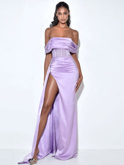 Norma Lilac Off Shoulder Crystallized Corset Satin Gown