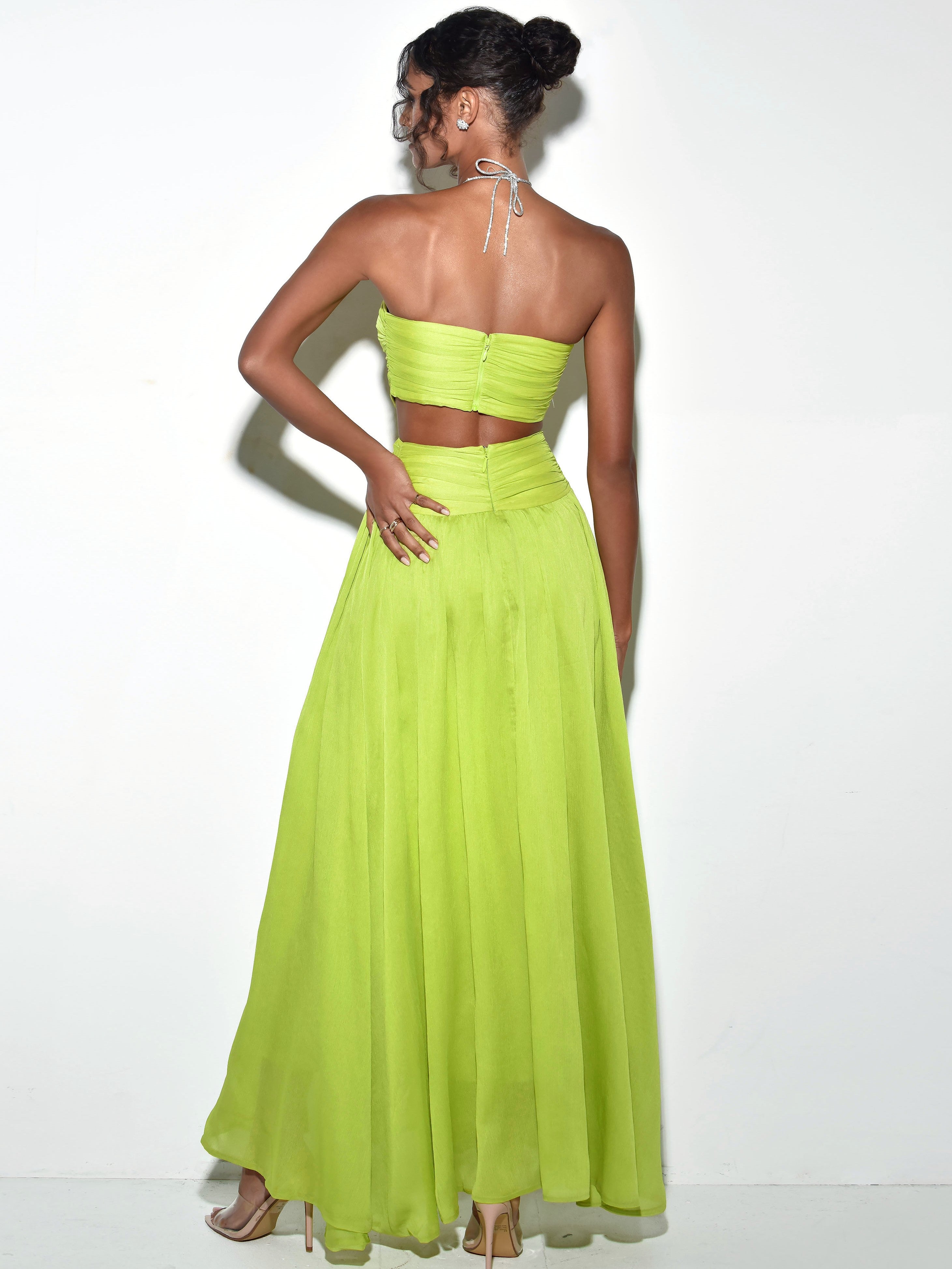 Valley Of Angels Lime Chiffon Pleated High Slit Maxi Dress S / US 4-6 Valley Of Angels Lime Chiffon Pleated High Slit Maxi Dress S / US 4-6