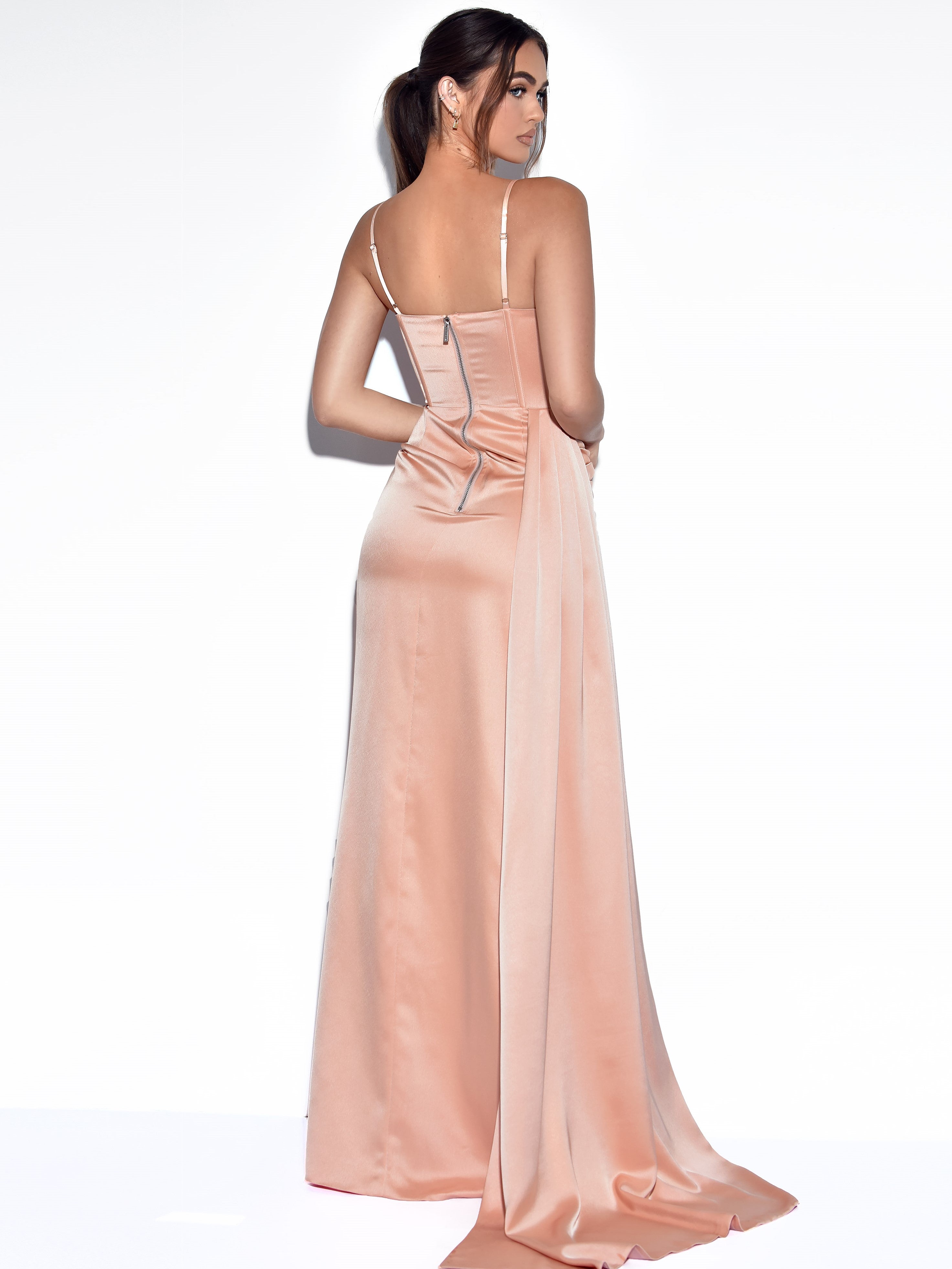 Elayna Blush Strappy Satin Corset High Slit Gown