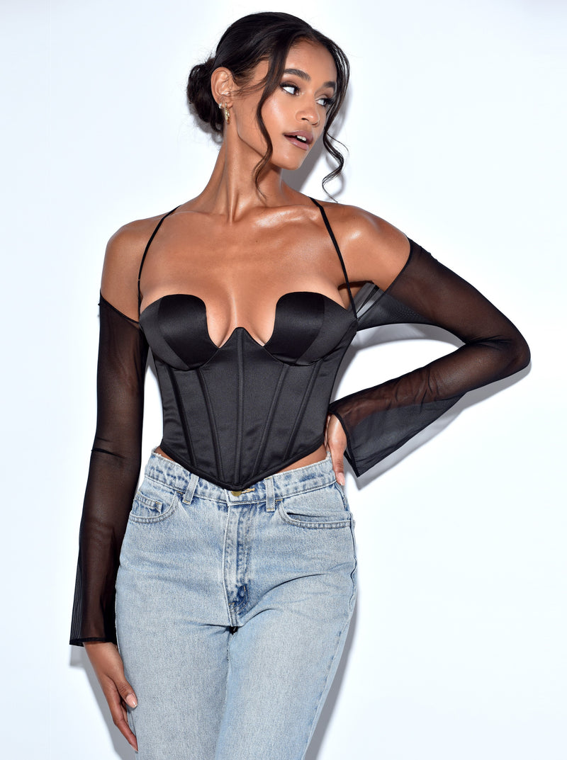 Instant Shape Black Mesh Corset With Semi-Sheer Sleeves