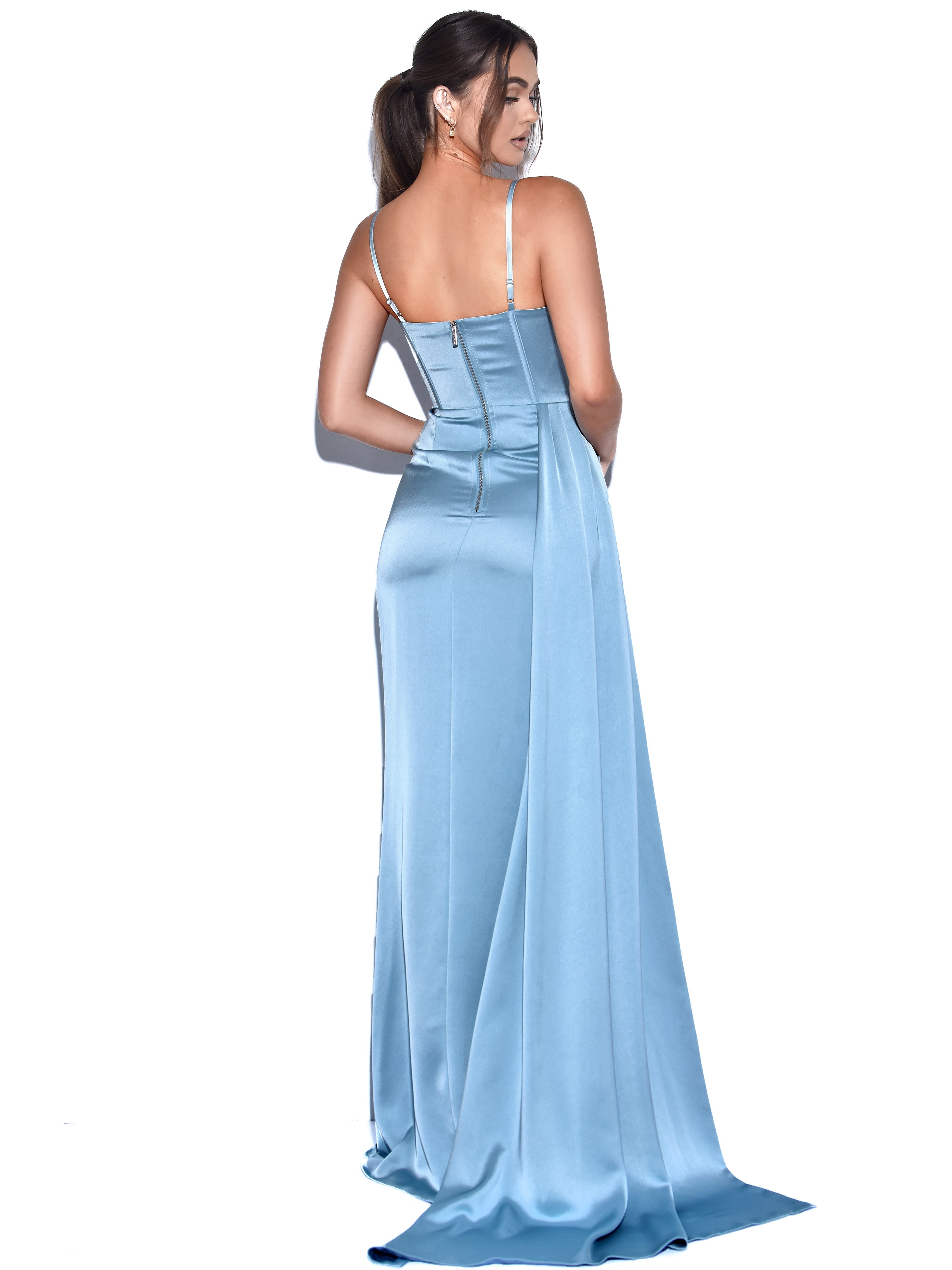 Elayna Pale Blue Strappy Satin Corset High Slit Gown Elayna Pale Blue Strappy Satin Corset High Slit Gown