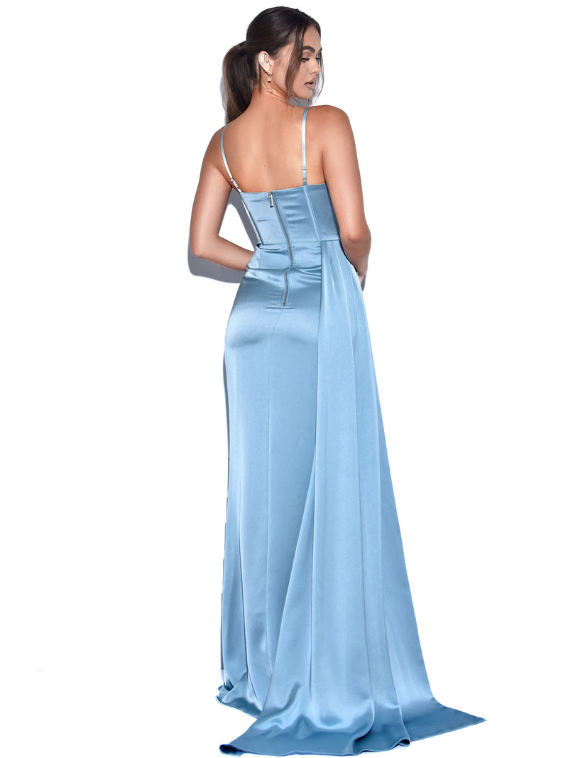 Elayna Pale Blue Strappy Satin Corset High Slit Gown