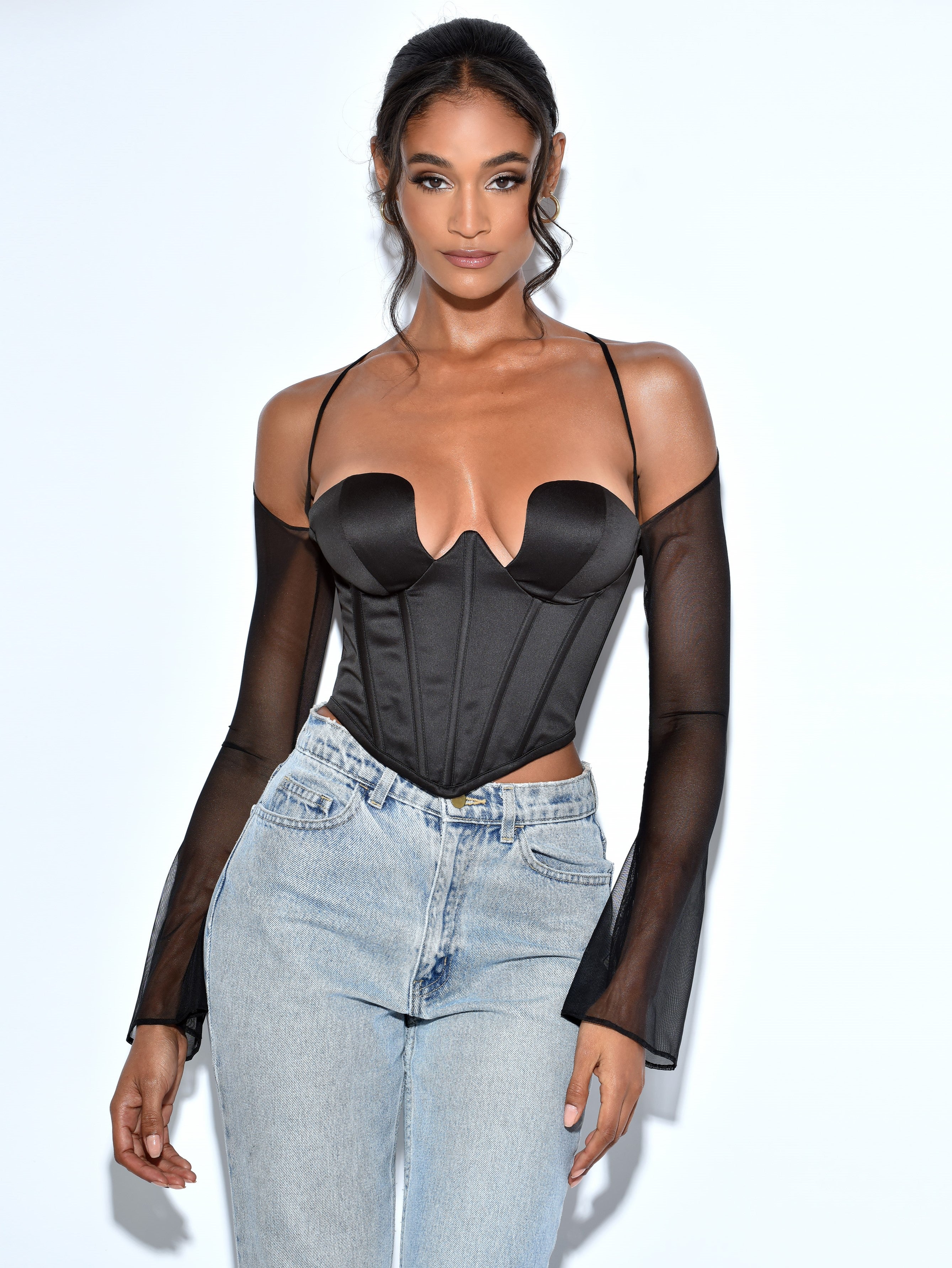 Pixie Black Mesh Sleeve Halter Corset Satin Top