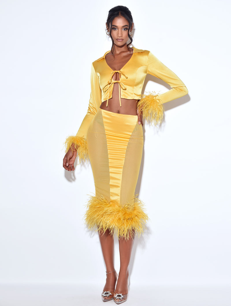 Miranda Yellow Feather Trim Satin Mesh Skirt