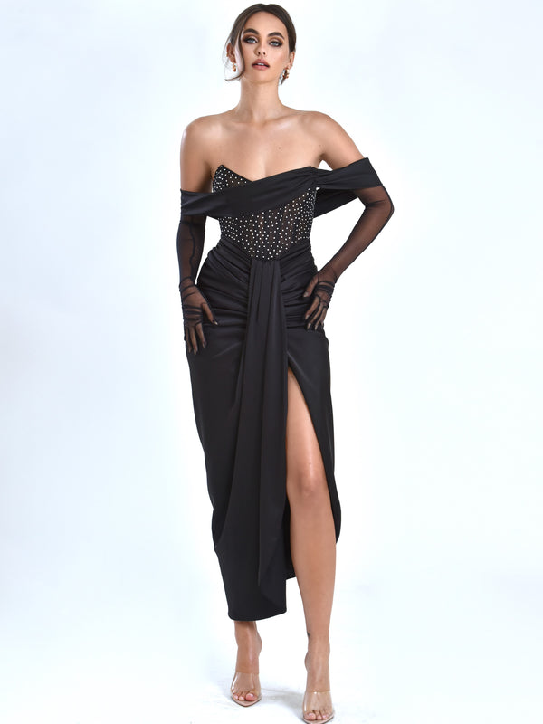 Octavia Burgundy Draping Crystal Corset High Slit Velvet Gown – Miss Circle