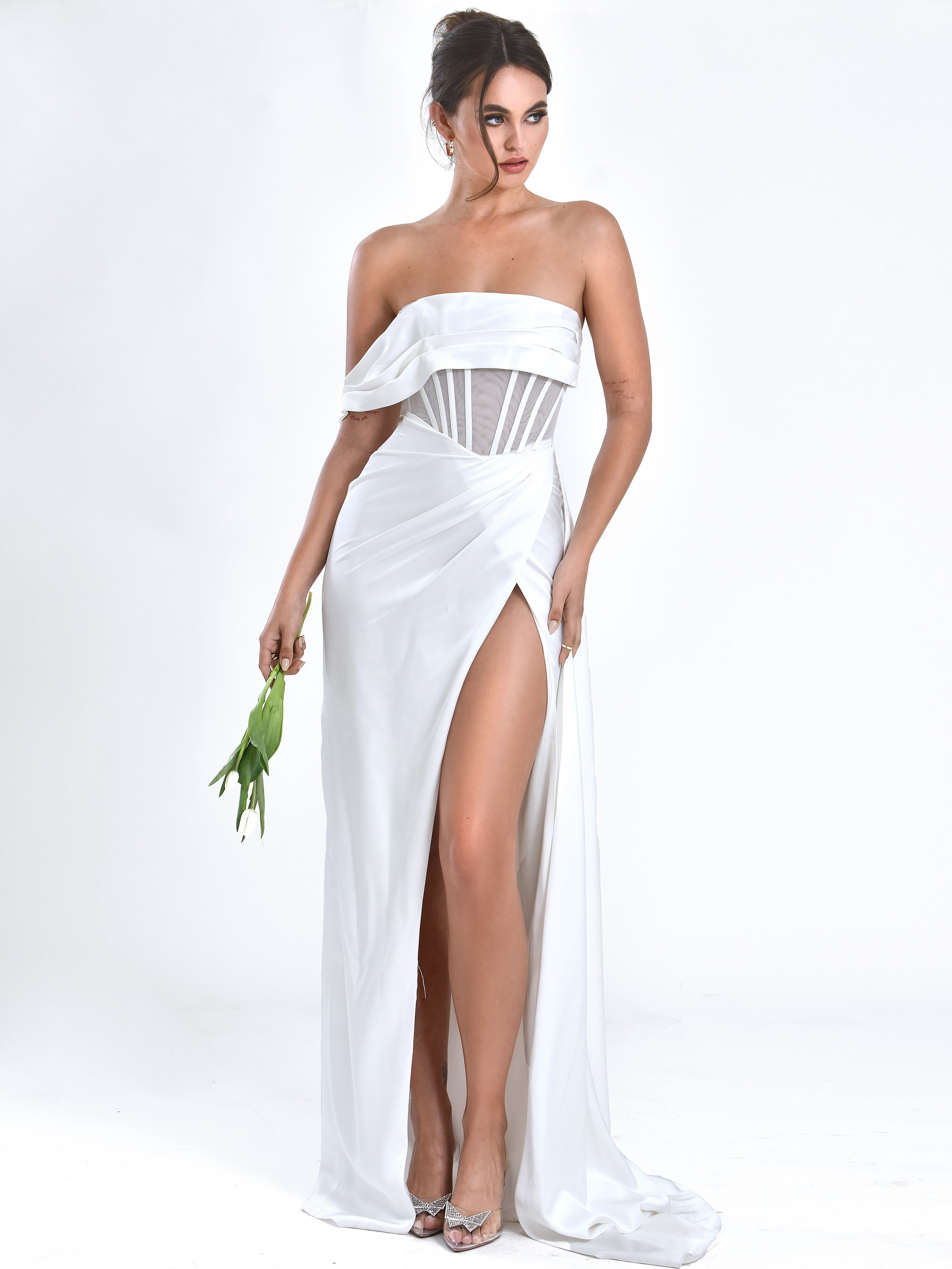 Rebeca White Satin High Slit Corset Gown