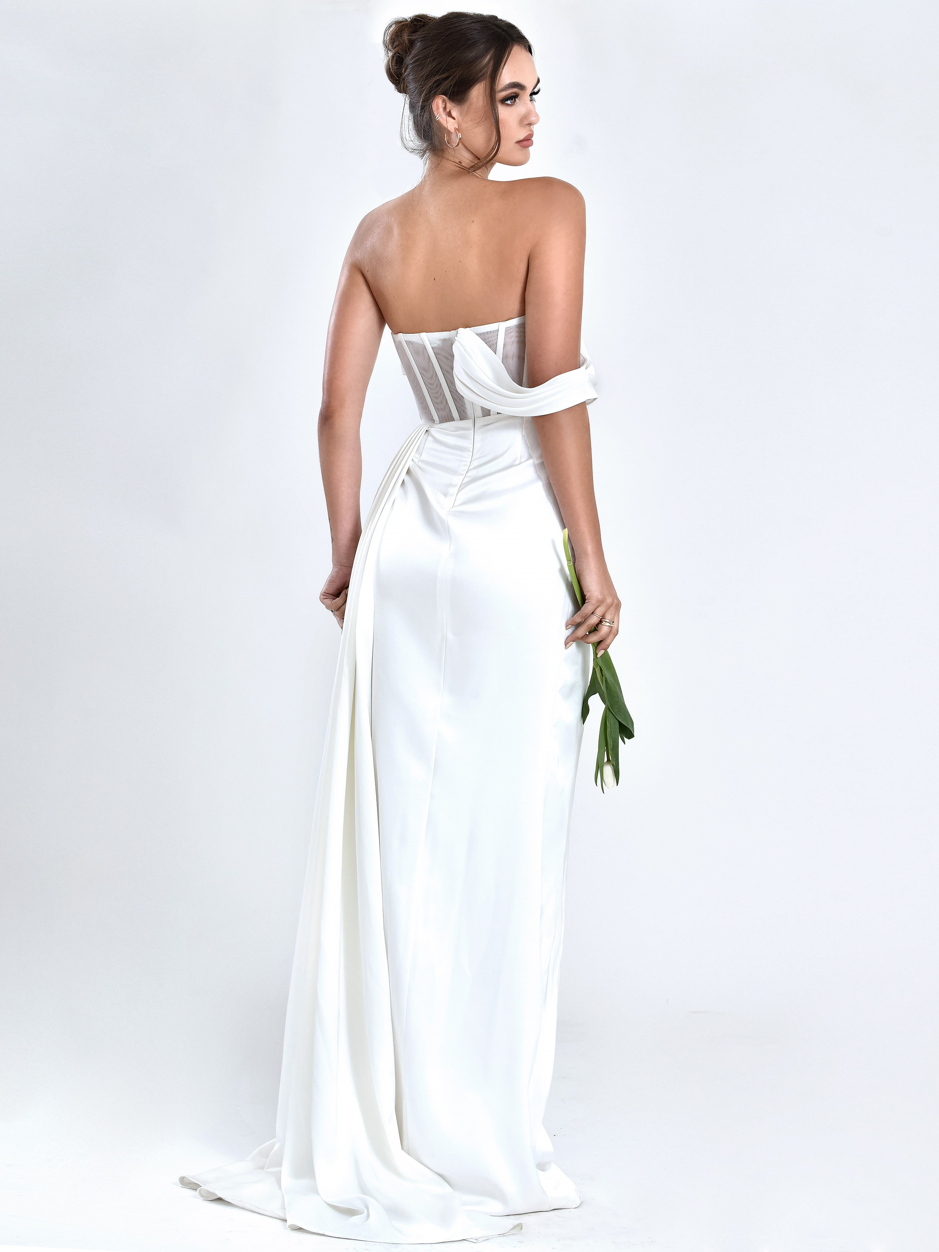 Rebeca White Satin High Slit Corset Gown