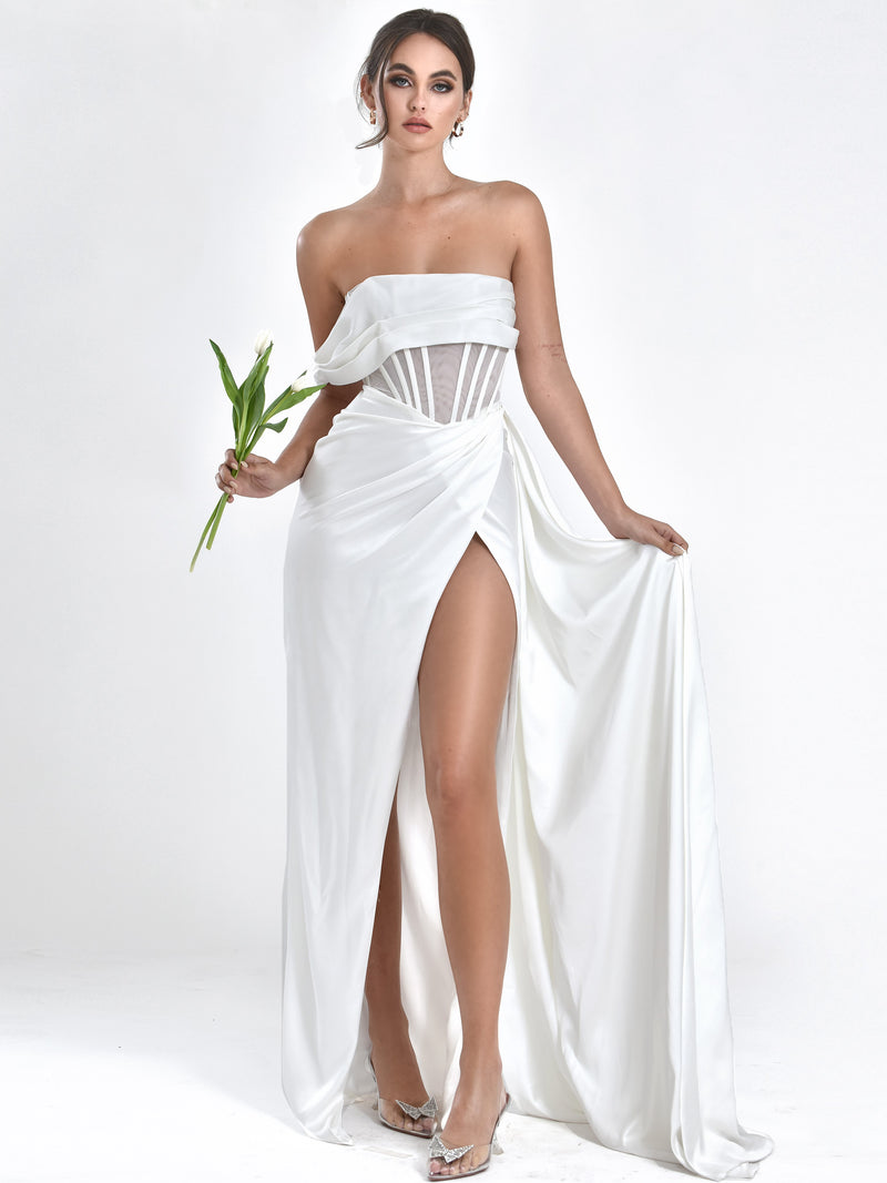 VIP Stoned White Satin Gown/Dinner Dress/Date Dress/Reception Dress
