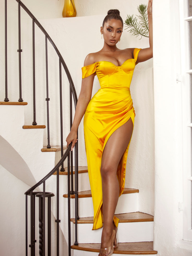 The Glint Gold Ruched Chiffon Long Maxi Dress – Miss Circle