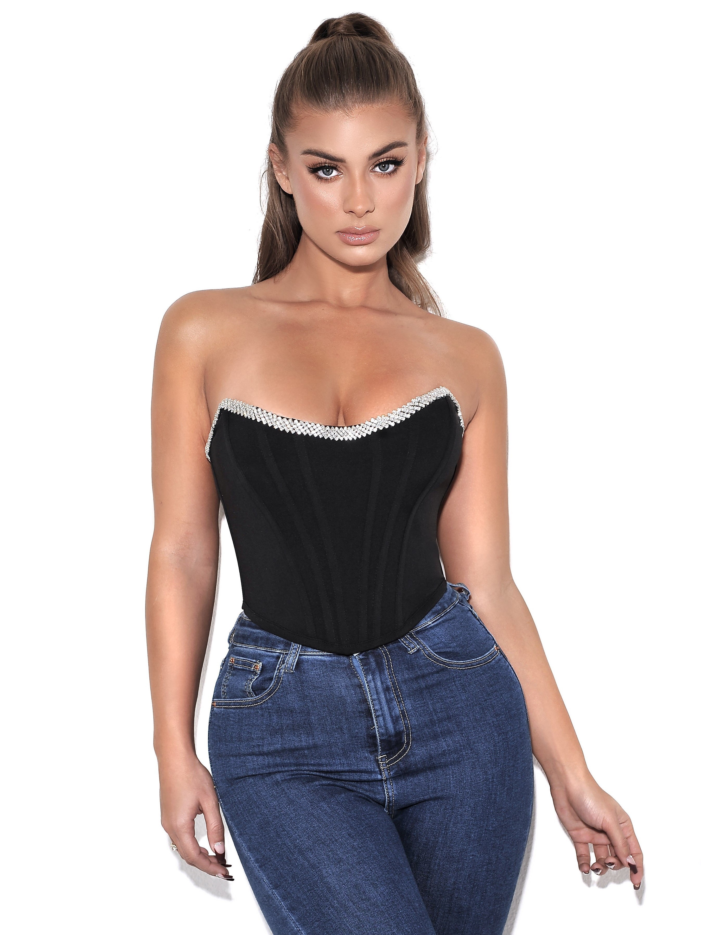 Melanie Black Corset Top With Crystal Trim