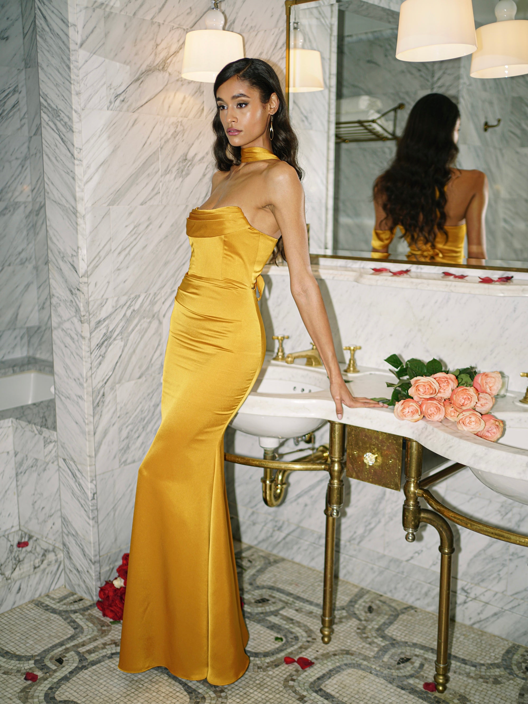 Ivona Gold Halter Neck Double Duchess Satin Gown - XS / US 2 Ivona Gold Halter Neck Double Duchess Satin Gown - XS / US 2