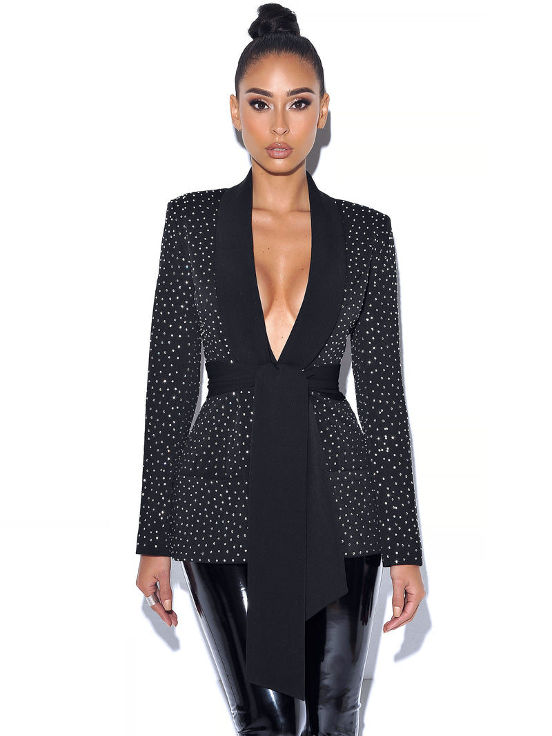 Visionary Crystal Embellished Black Blazer Jacket - Miss Circle