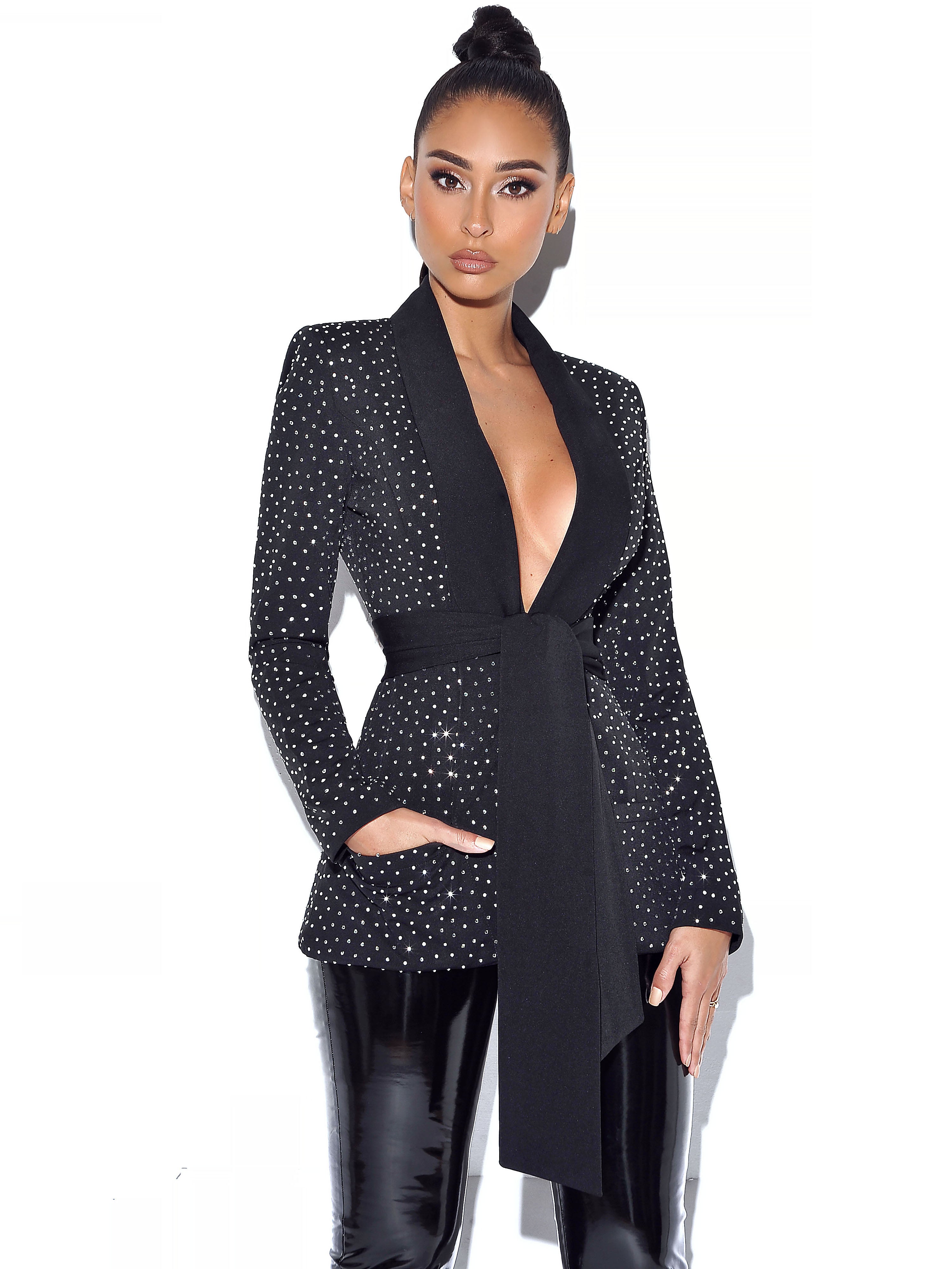 Visionary Crystal Embellished Black Blazer Jacket - Miss Circle