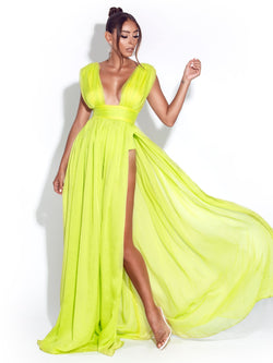 Valley Of Angels Lime Chiffon Pleated High Slit Maxi Dress
