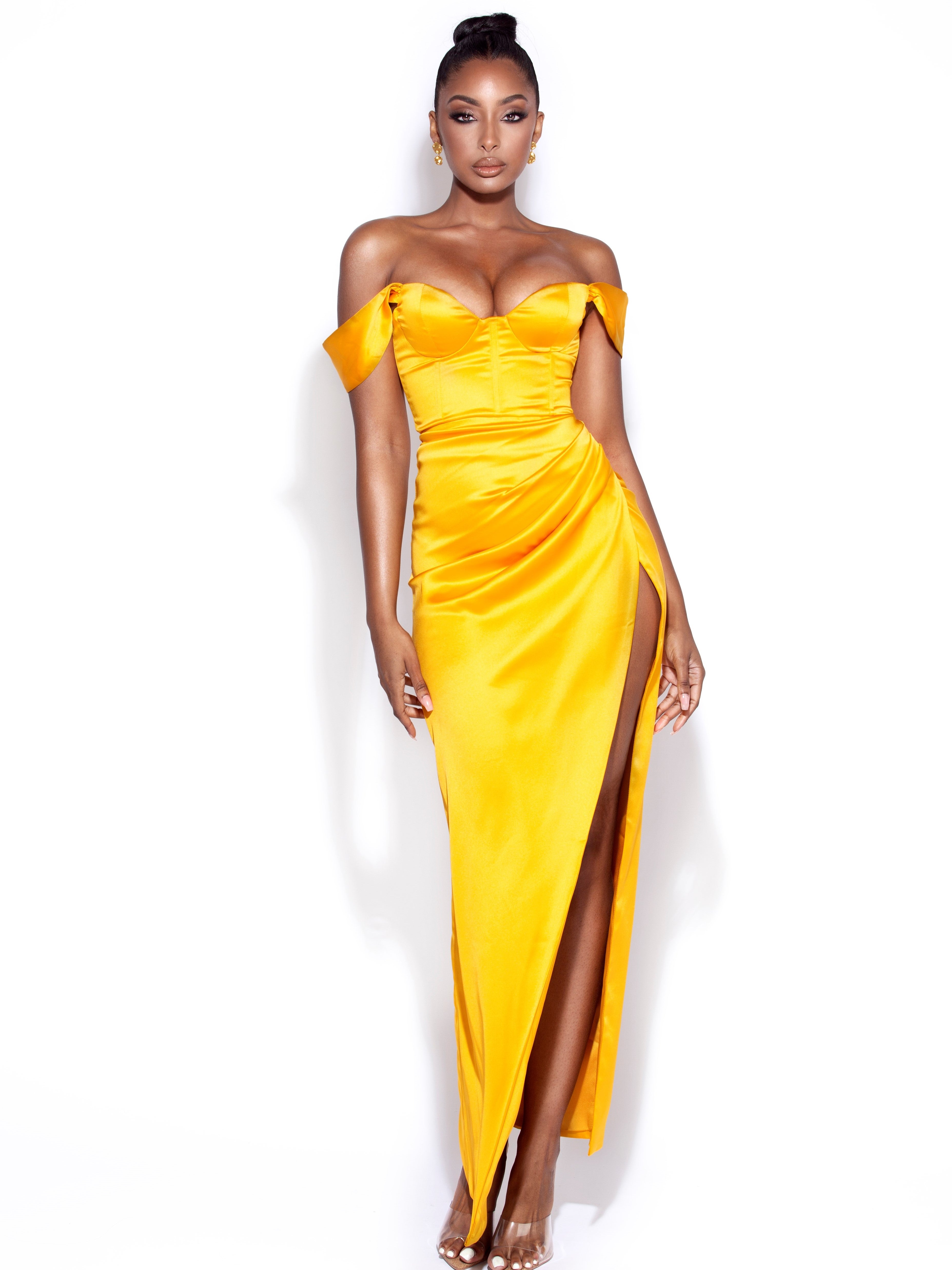 Zarah Yellow High Slit Corset Satin Dress