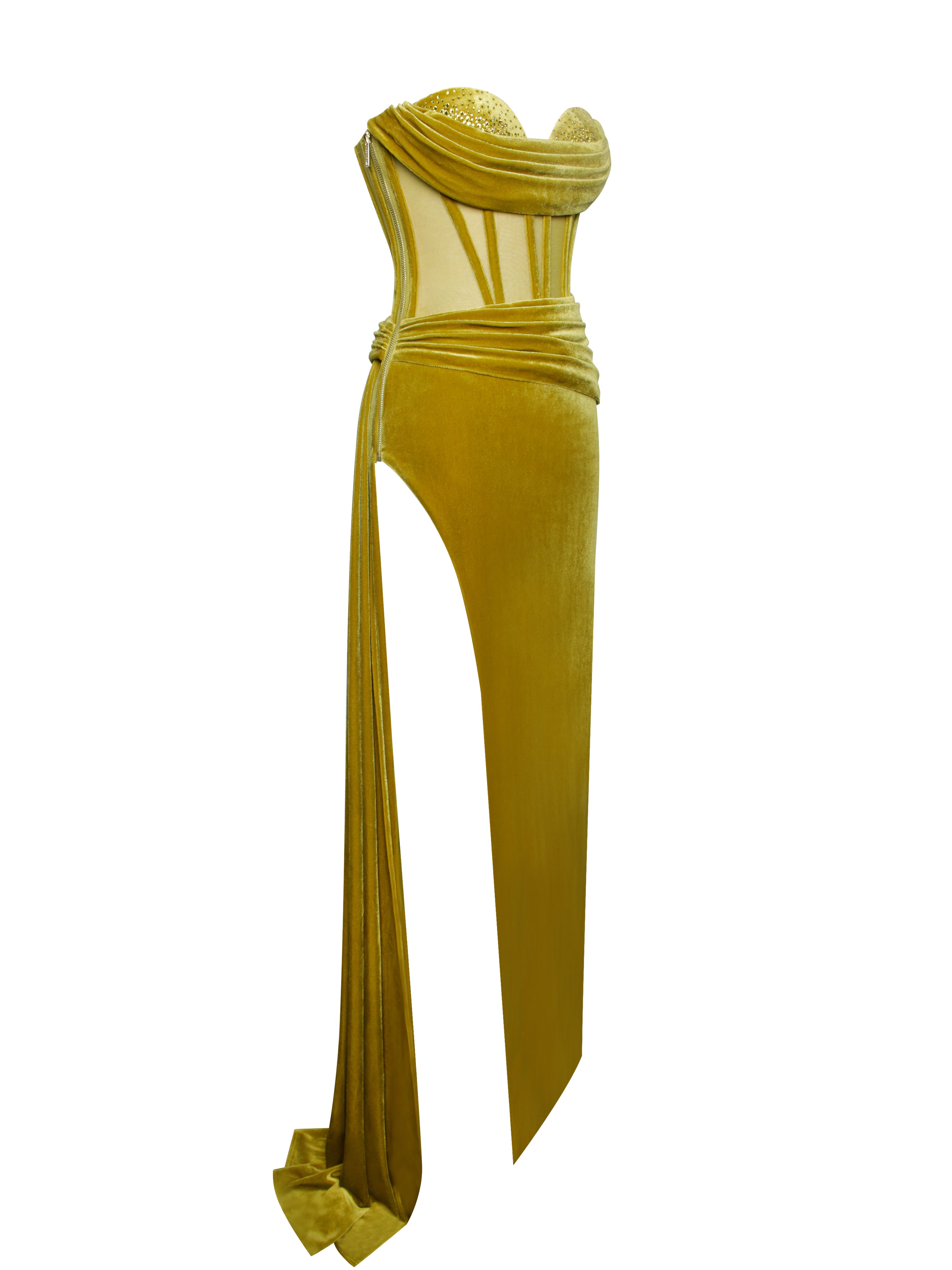 Octavia Gold Draping Crystal Corset High Slit Velvet Gown