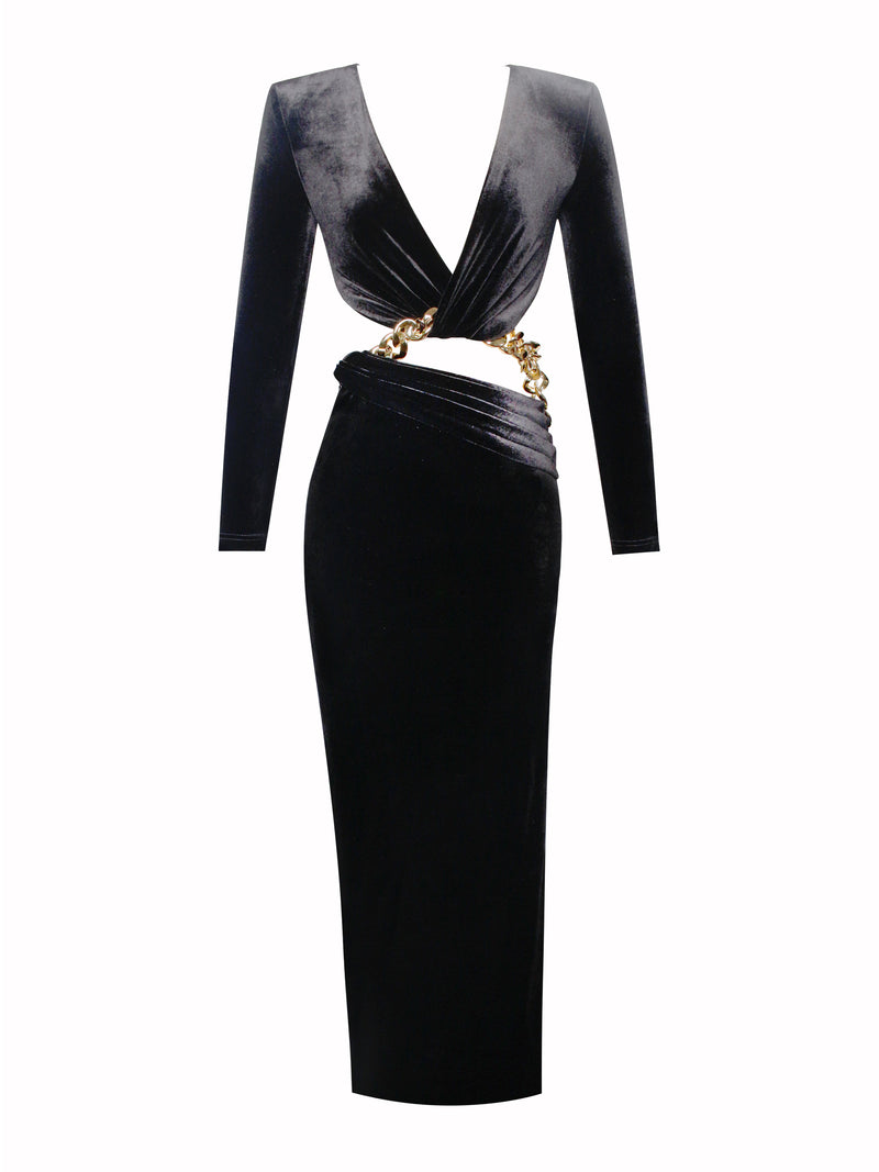 Francesca Black Deep V Cutout Velvet Gown with Gold Chain