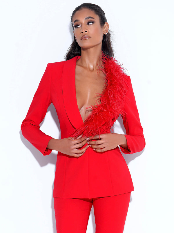 Yulia Red Suit Blazer with Feather Trim