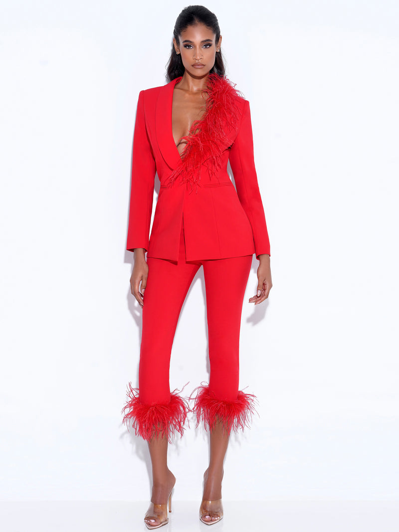 Yanely Red Pants with Feather Trim