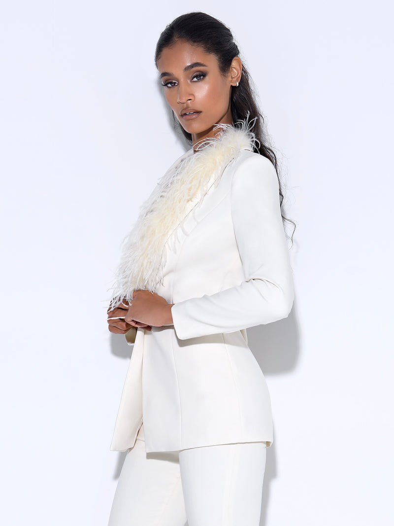 Yulia Cream White Suit Blazer With Feather Trim