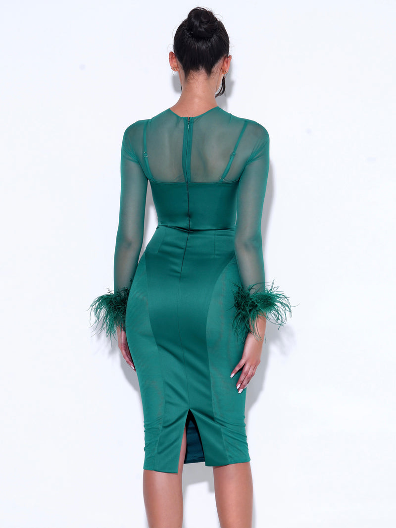 Oaklie Emerald Green Satin Mesh Sleeve Dress with Feather