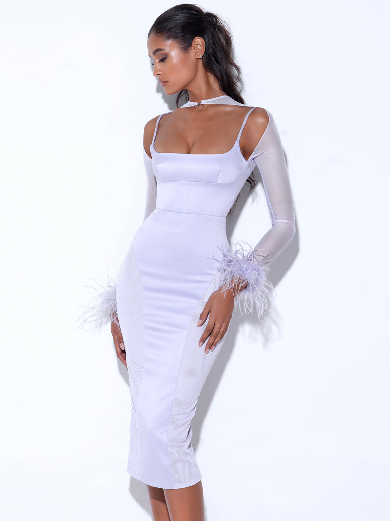 Oaklie Silver Satin Mesh Sleeve Dress With Feathers