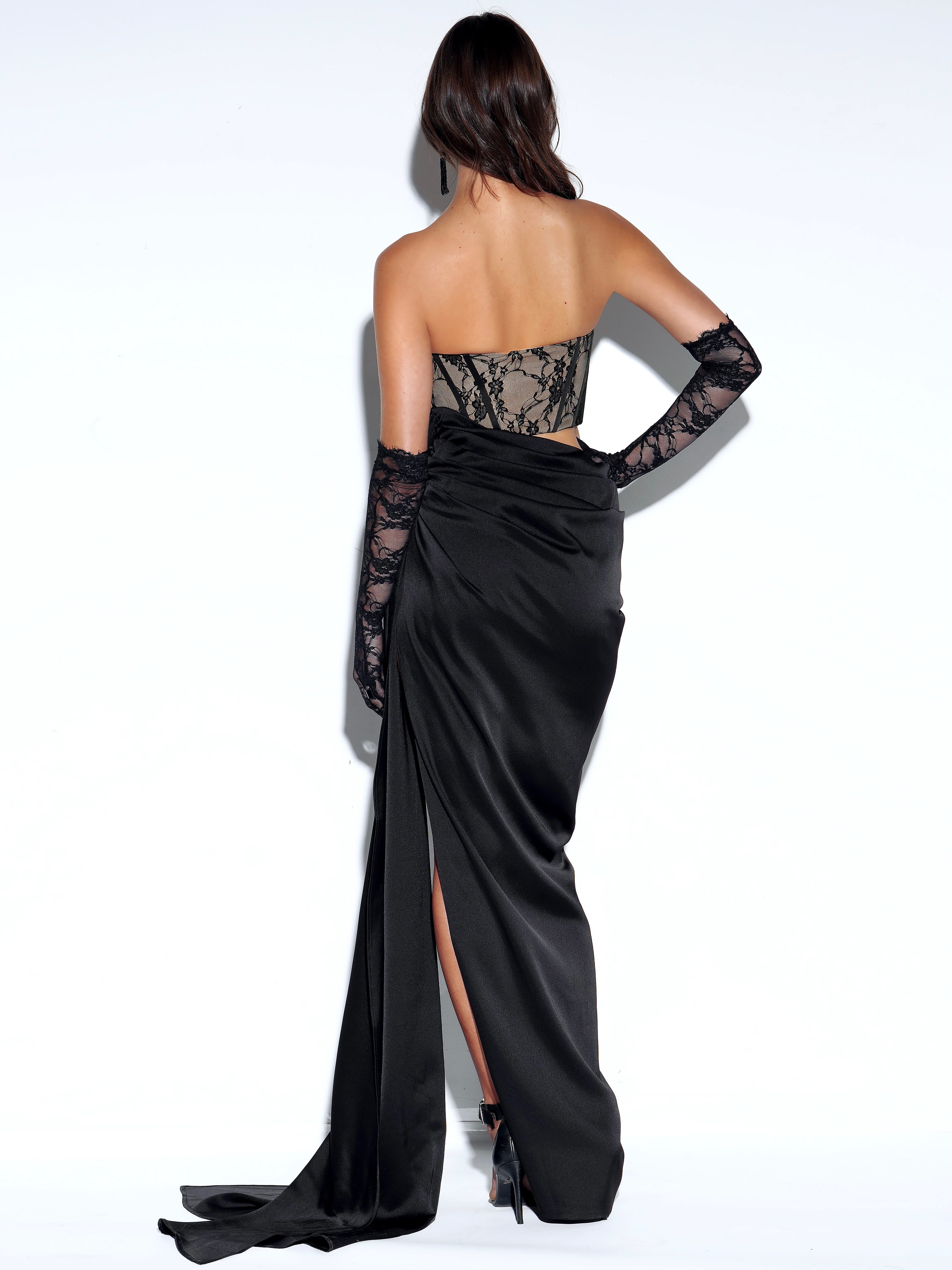 Callie Black Lace Satin Corset High Slit Gown