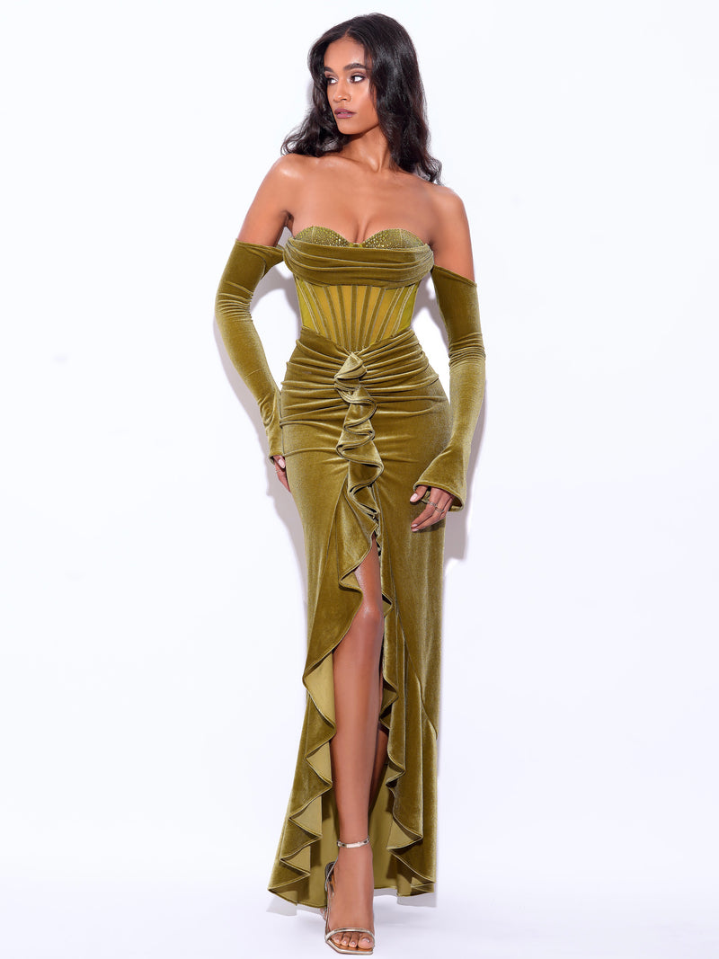 Taylee Olive Green Long Sleeve Off Shoulder Corset Velvet Gown