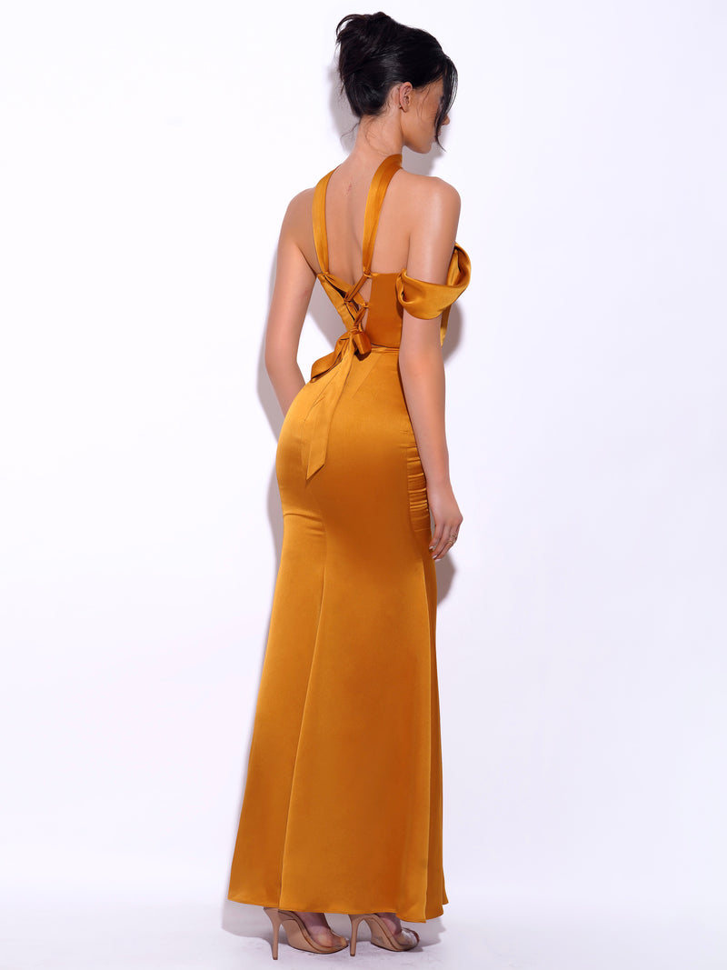 Marcia Gold Satin Strappy Halter Neck Dress – Miss Circle
