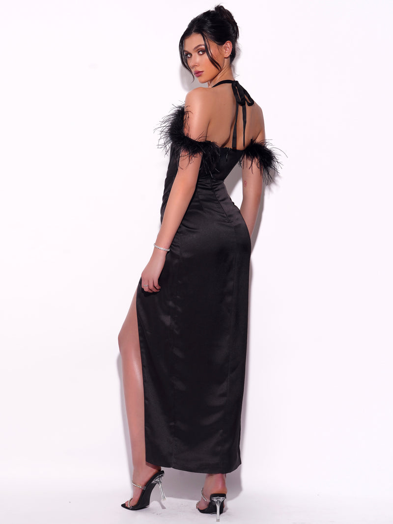 Odell Black Satin Corset Gown with Feather Strap