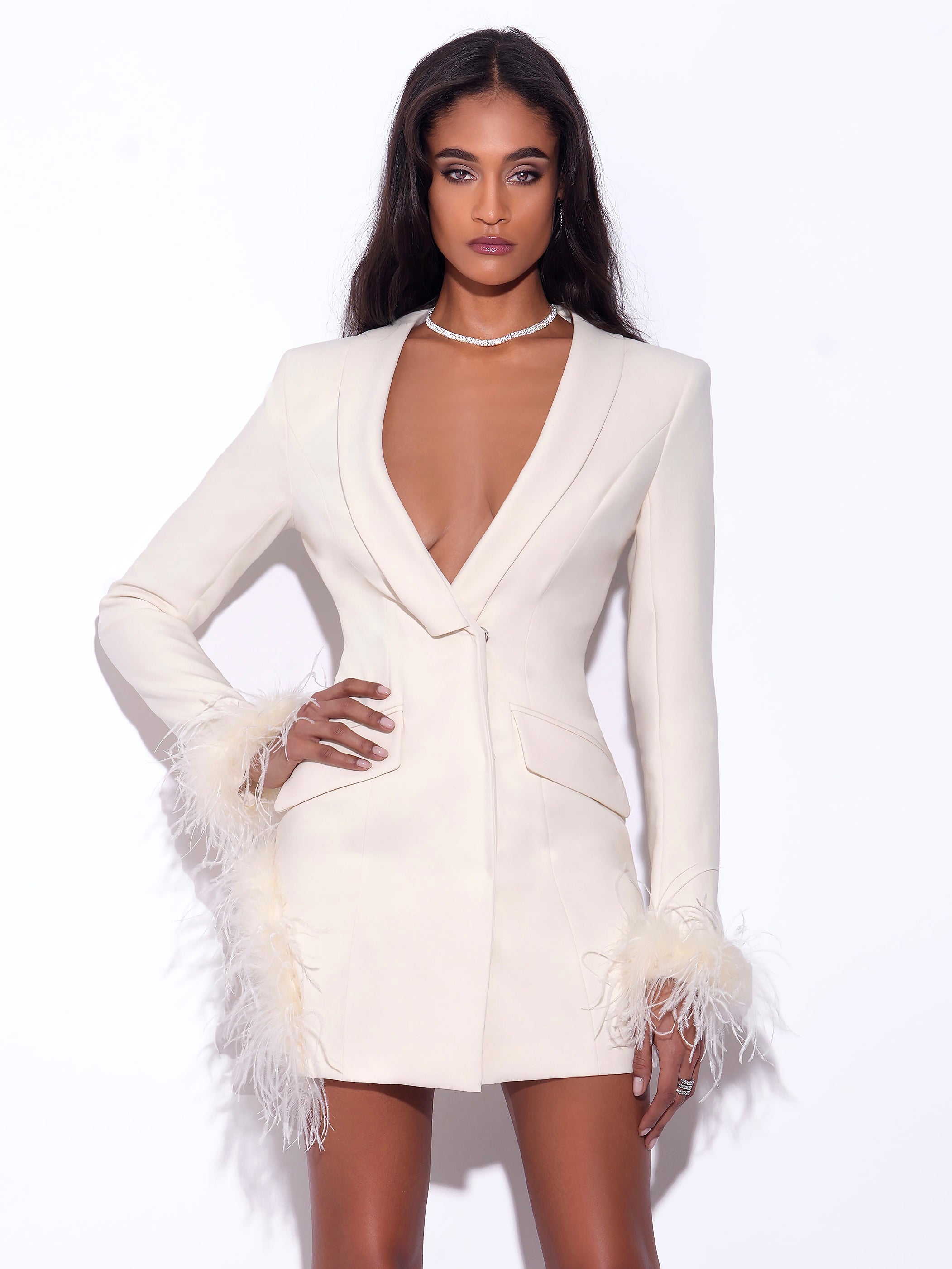 Madeline Pearl White Feather Trim Blazer Dress - XS / US 2 Madeline Pearl White Feather Trim Blazer Dress - XS / US 2