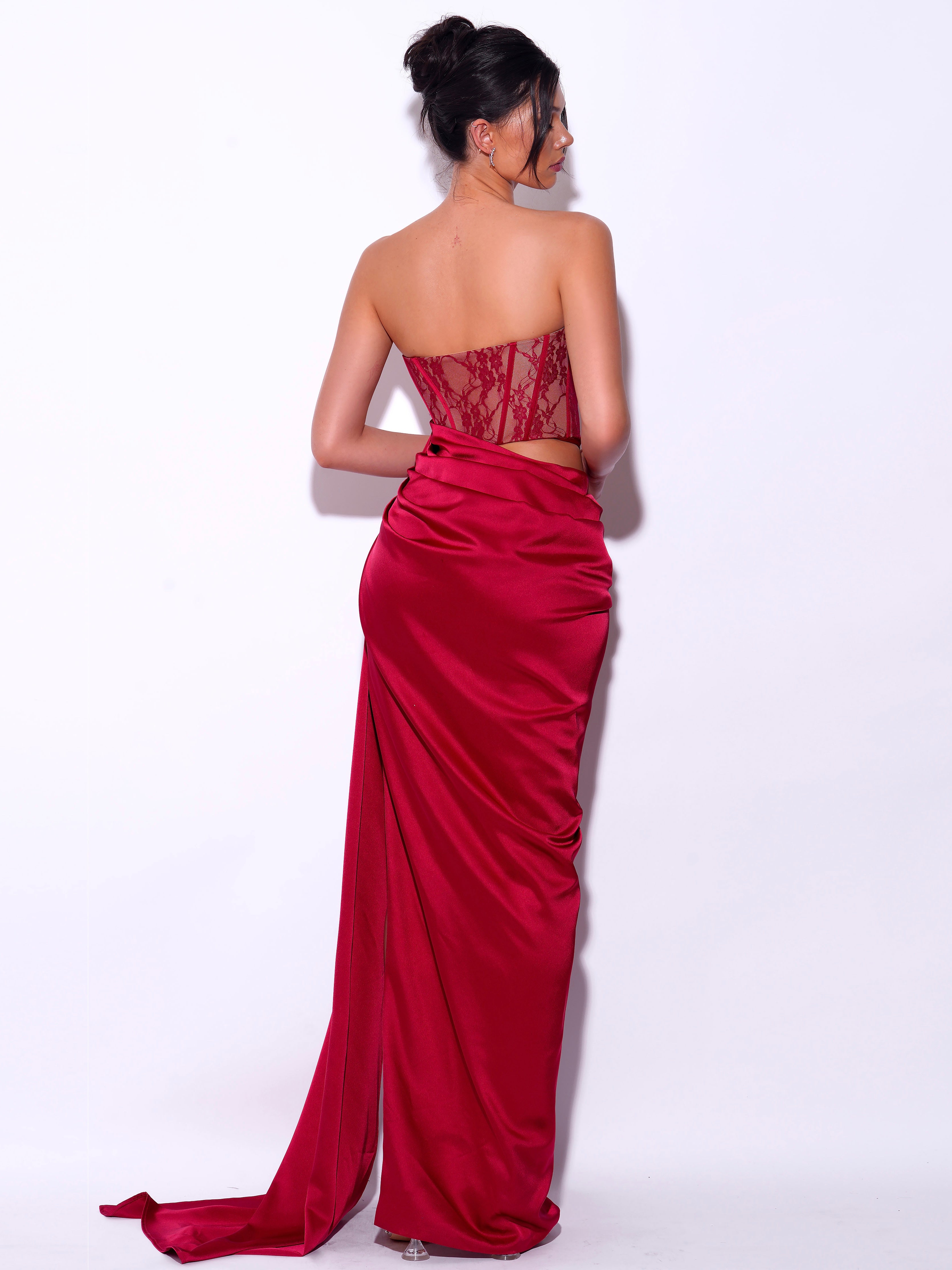 Callie Red Lace Satin Corset High Slit Gown