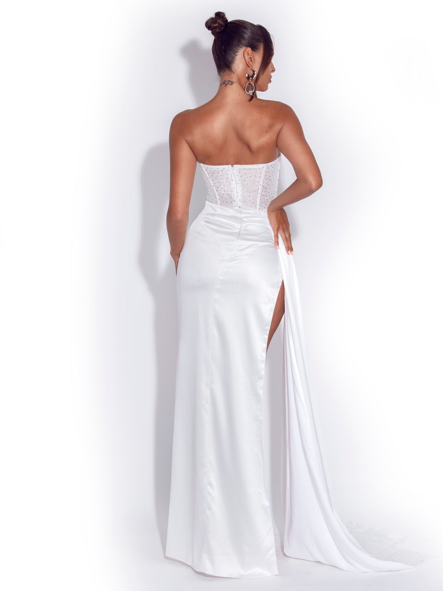 Holly White Crystallized Corset High Slit Satin Gown