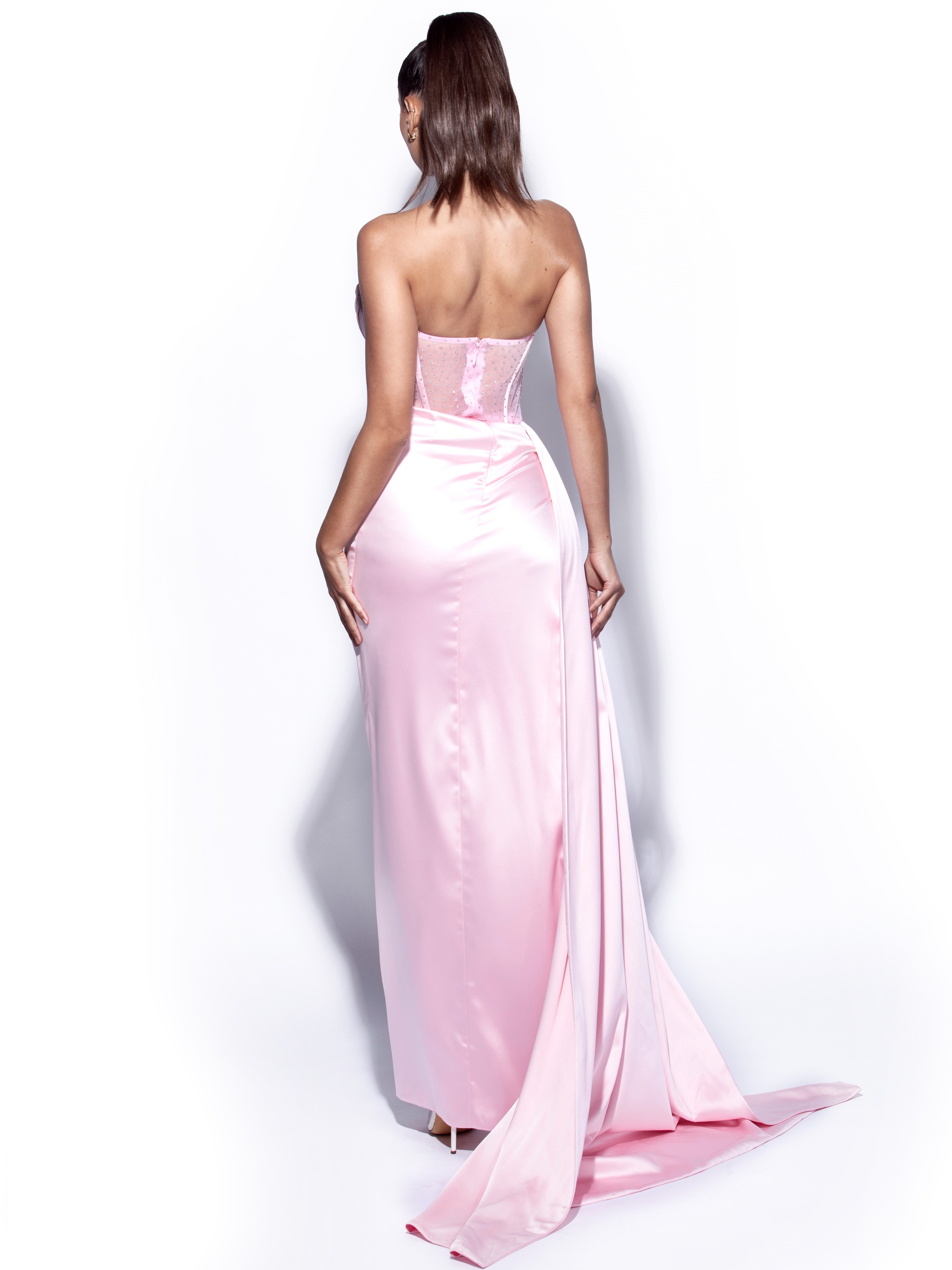 pink satin dress long Holly Pink Crystallized Corset High Slit Satin Gown