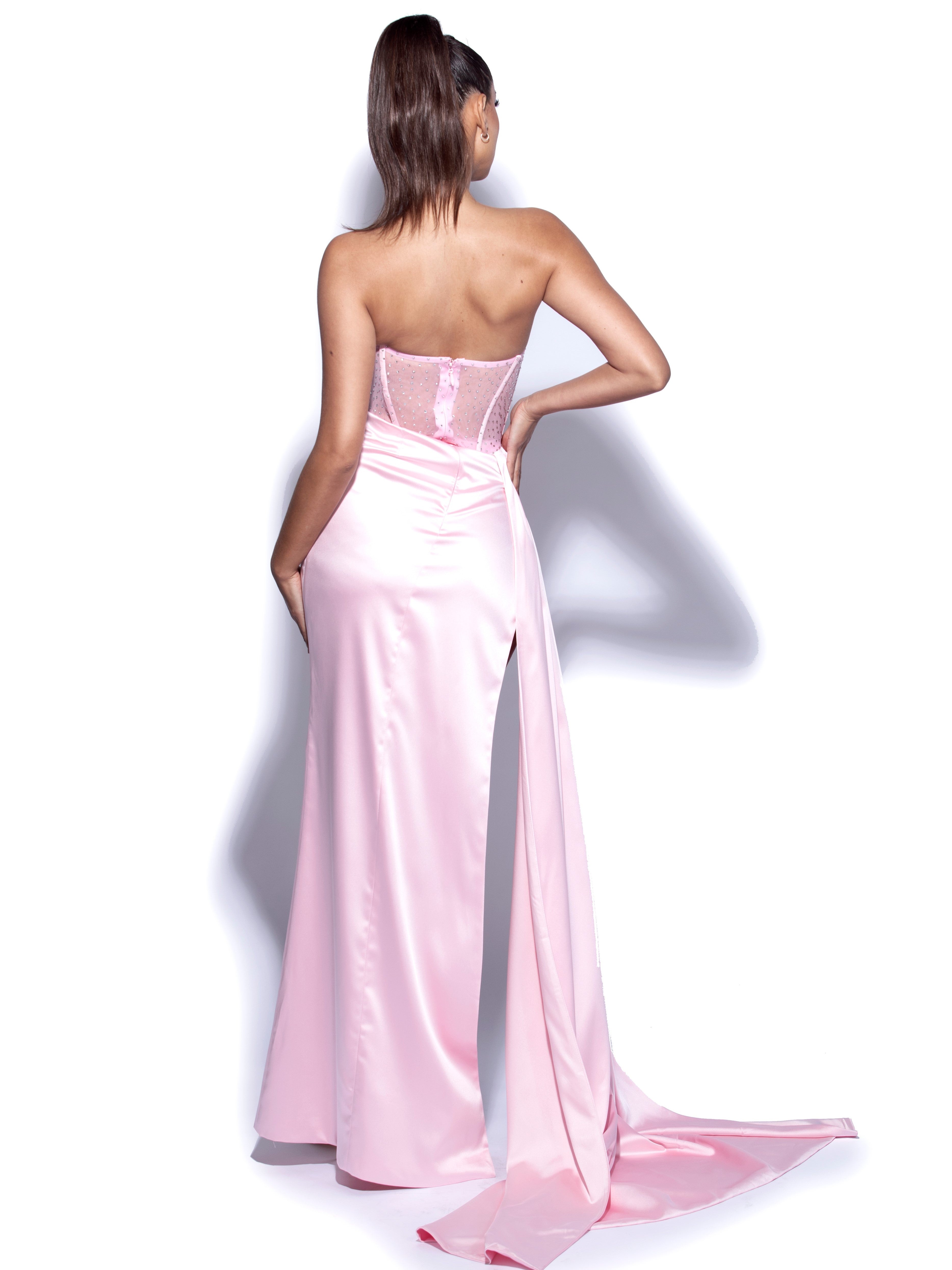 Holly Pink Crystallized Corset High Slit Satin Gown