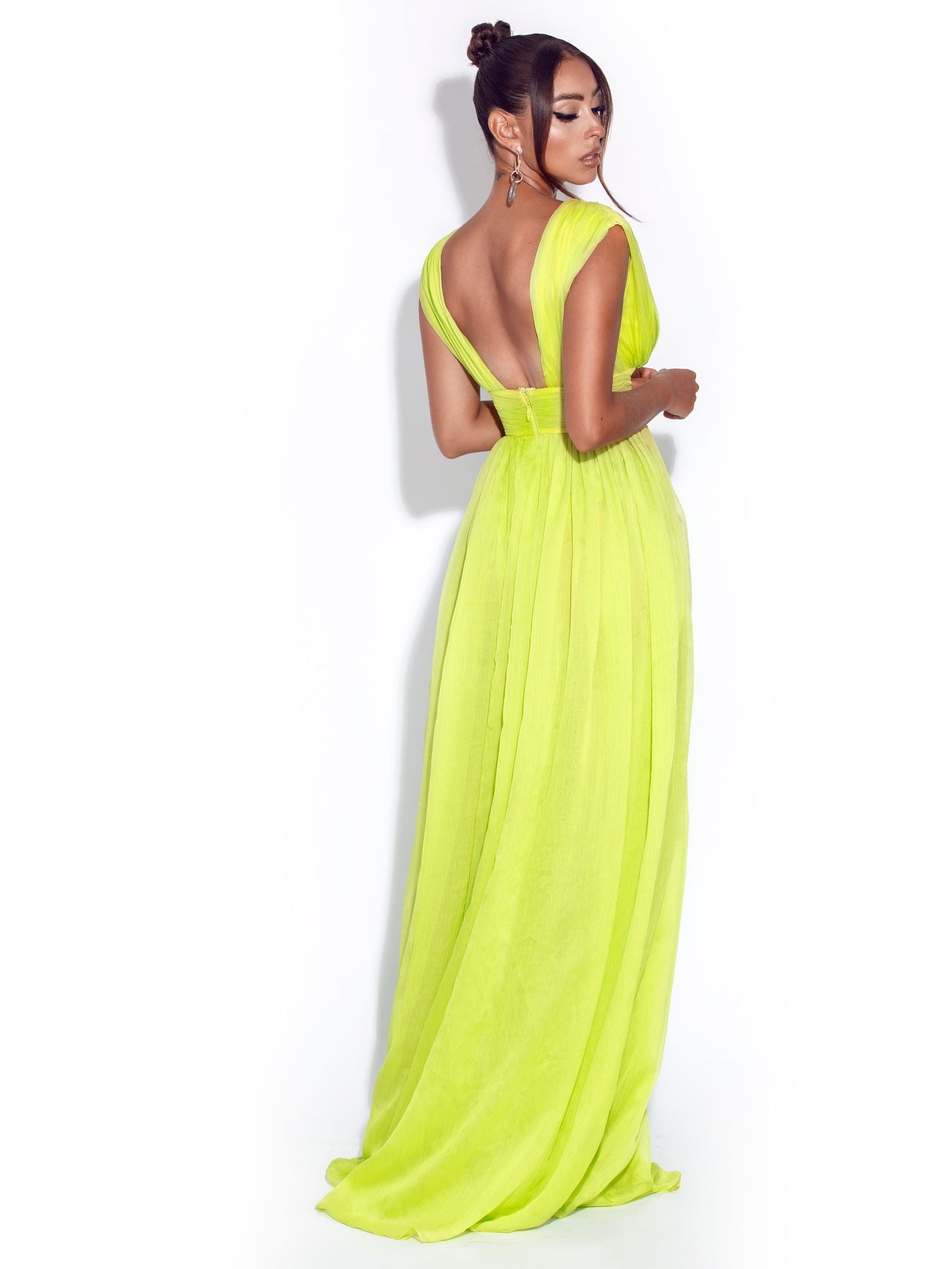 Valley Of Angels Lime Chiffon Pleated High Slit Maxi Dress