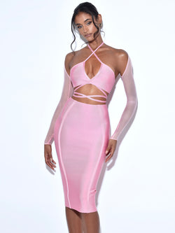 Dionne Pink Lace Up Bandage Dress With Sheer Mesh Sleeve