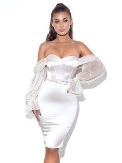 Lydia Pearl White Satin Off Shoulder Puff Sleeve Dress
