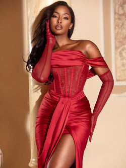 RED FITTED MESH CORSET GOWN